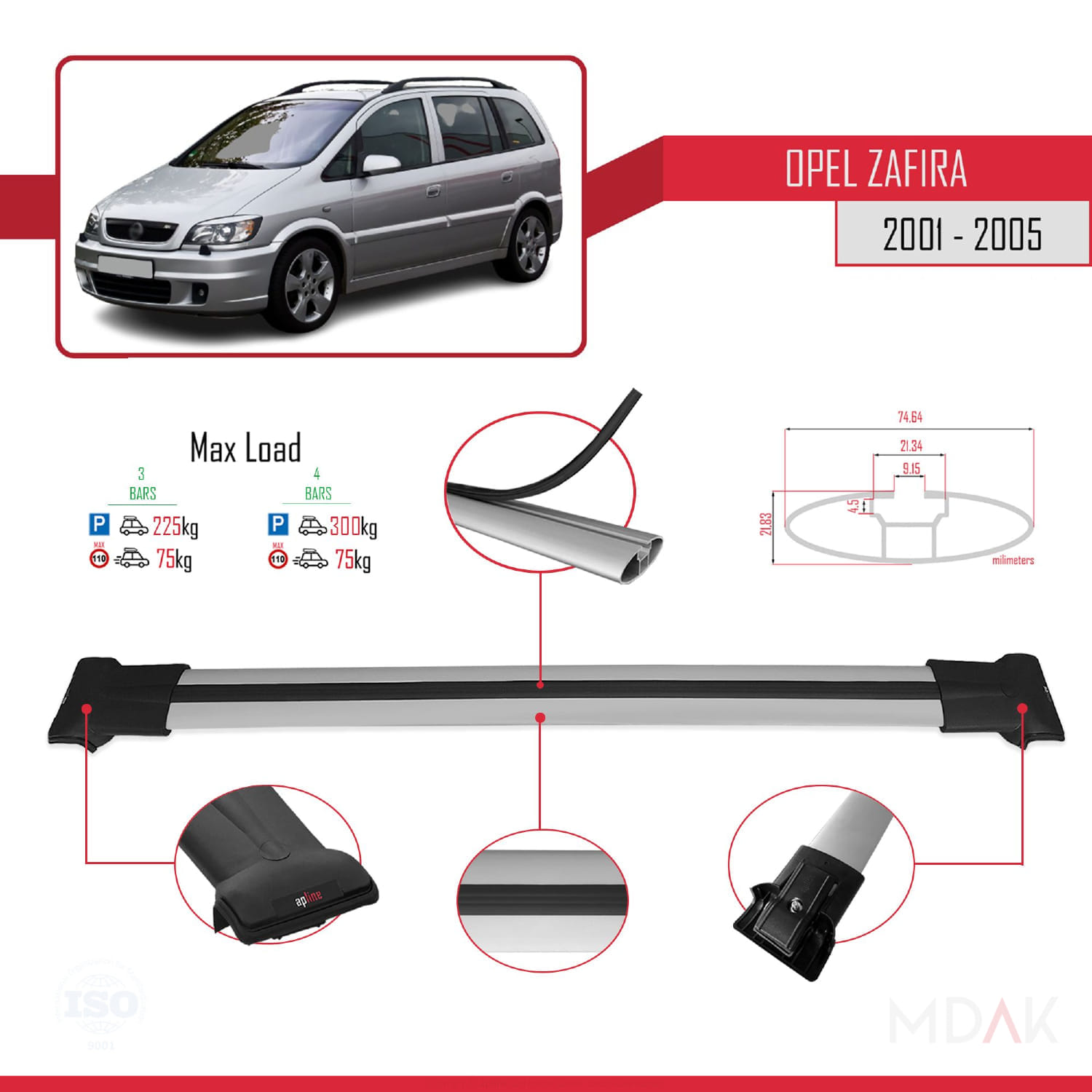 Opel Zafira A (T98) 2001-2005 Arası ile Uyumlu FLY Model Ara Atkı Tavan Barı Gri 3 Adet - Görsel 3
