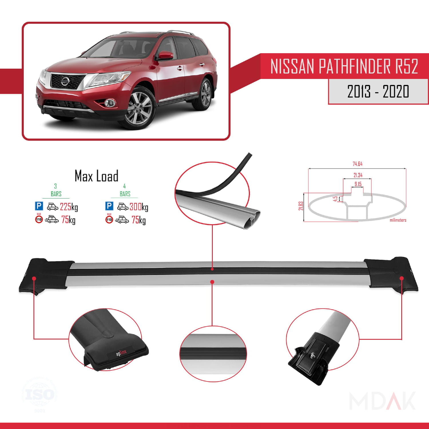 Nissan Pathfinder 4 (R52) 2013-2020 Arası ile Uyumlu FLY Model Ara Atkı Tavan Barı Gri 3 Adet - Görsel 3
