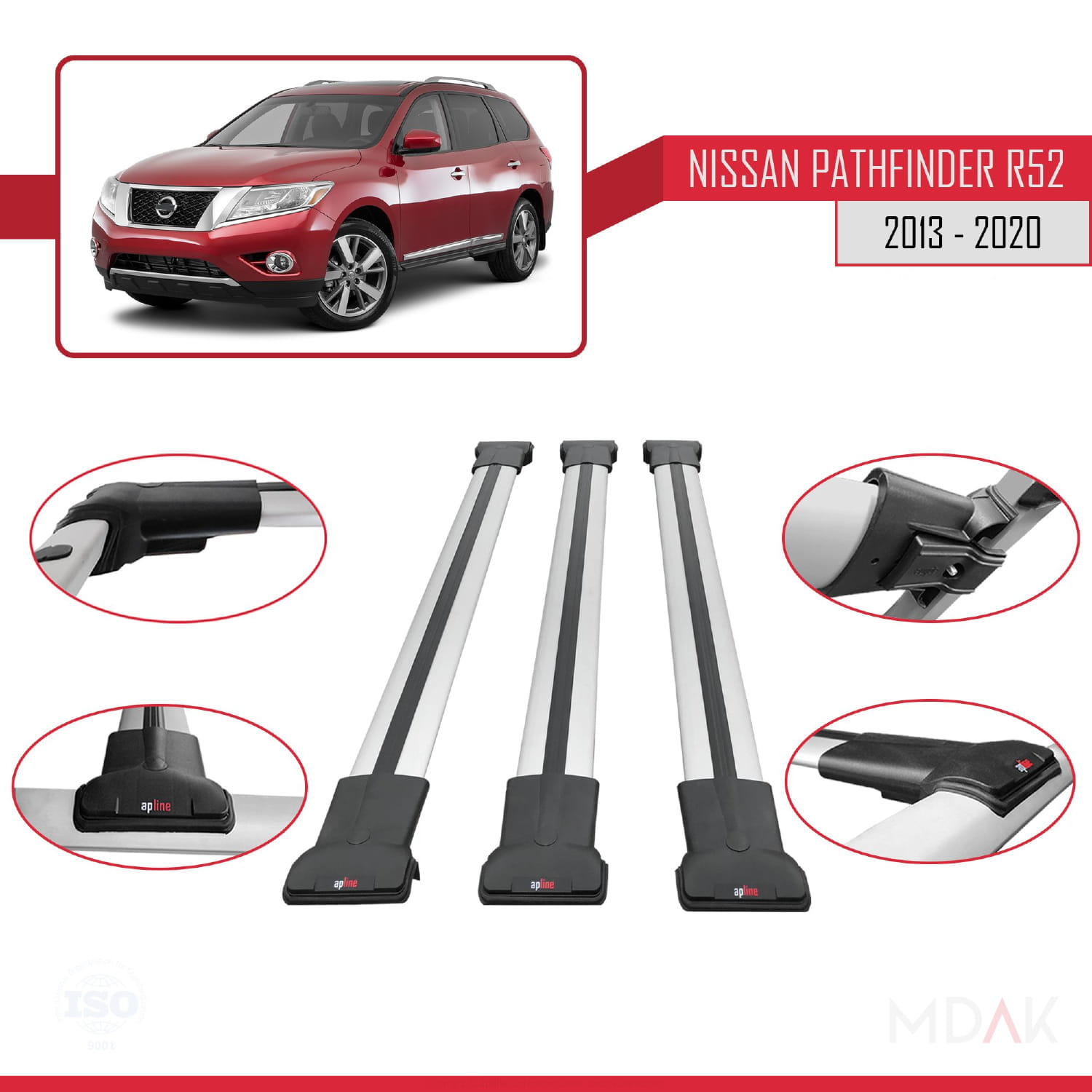 Nissan Pathfinder 4 (R52) 2013-2020 Arası ile Uyumlu FLY Model Ara Atkı Tavan Barı Gri 3 Adet - Görsel 4