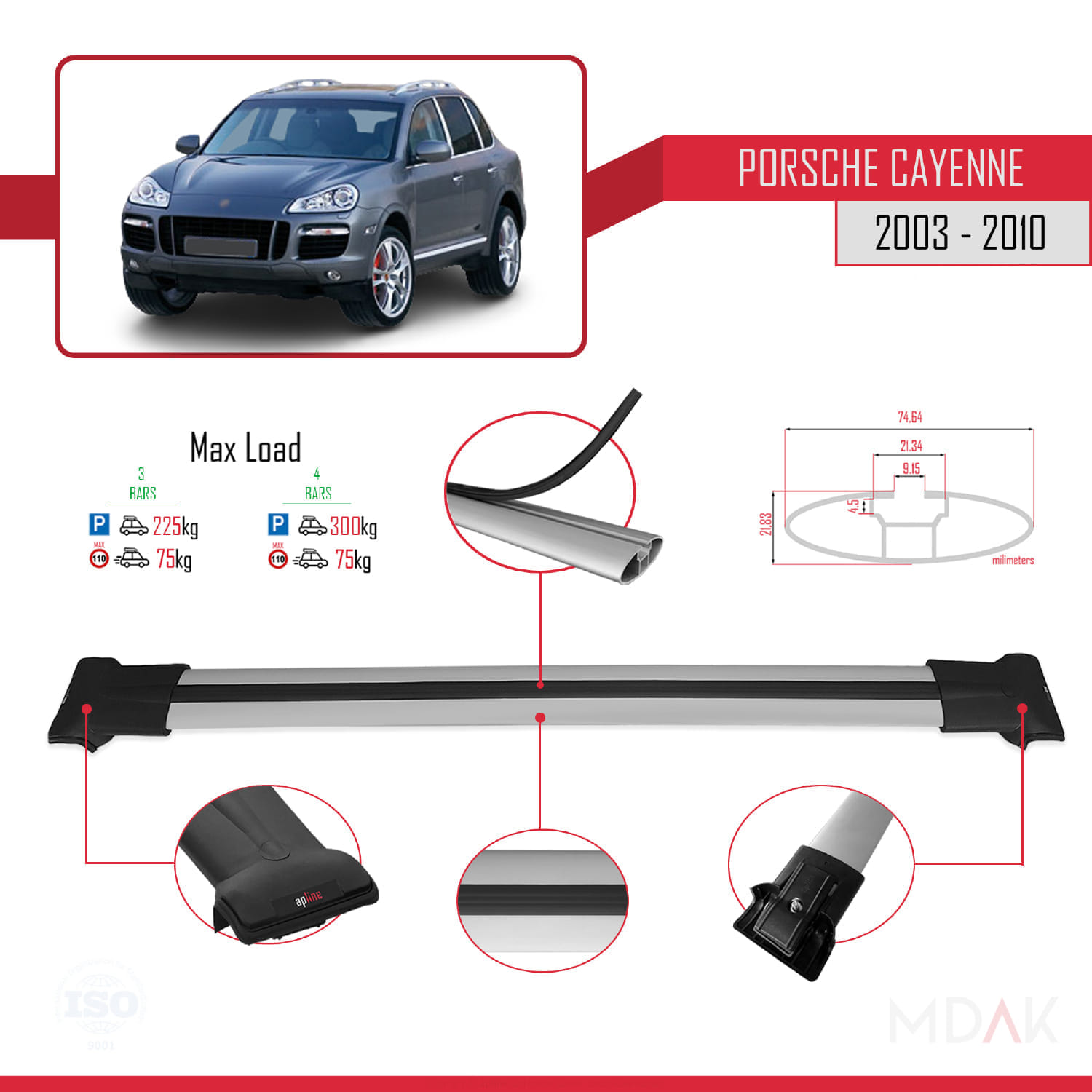 Porsche Cayenne (9PA) 2003-2010 Arası ile Uyumlu FLY Model Ara Atkı Tavan Barı Gri 3 Adet - Görsel 3