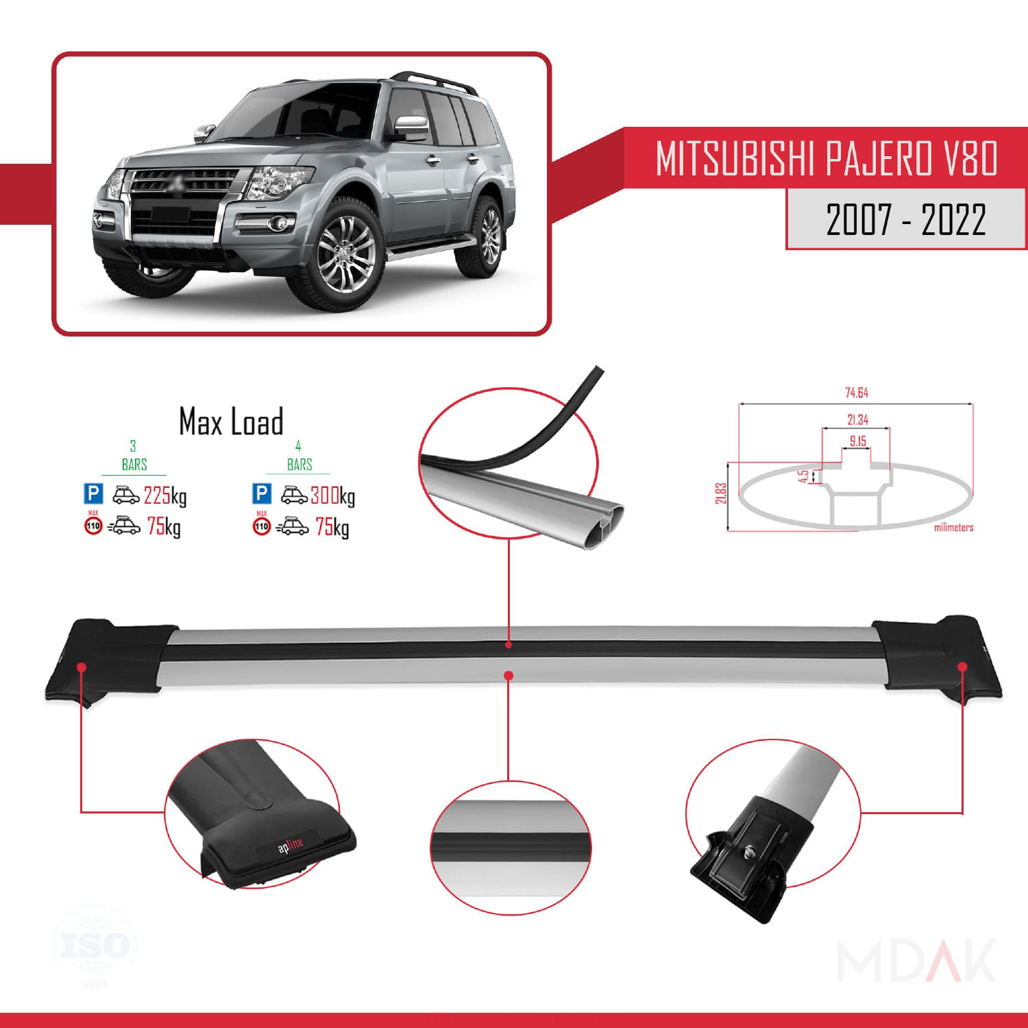Mitsubishi Pajero (V80) 2007-2022 Arası ile Uyumlu FLY Model Ara Atkı Tavan Barı Gri 3 Adet - Görsel 3