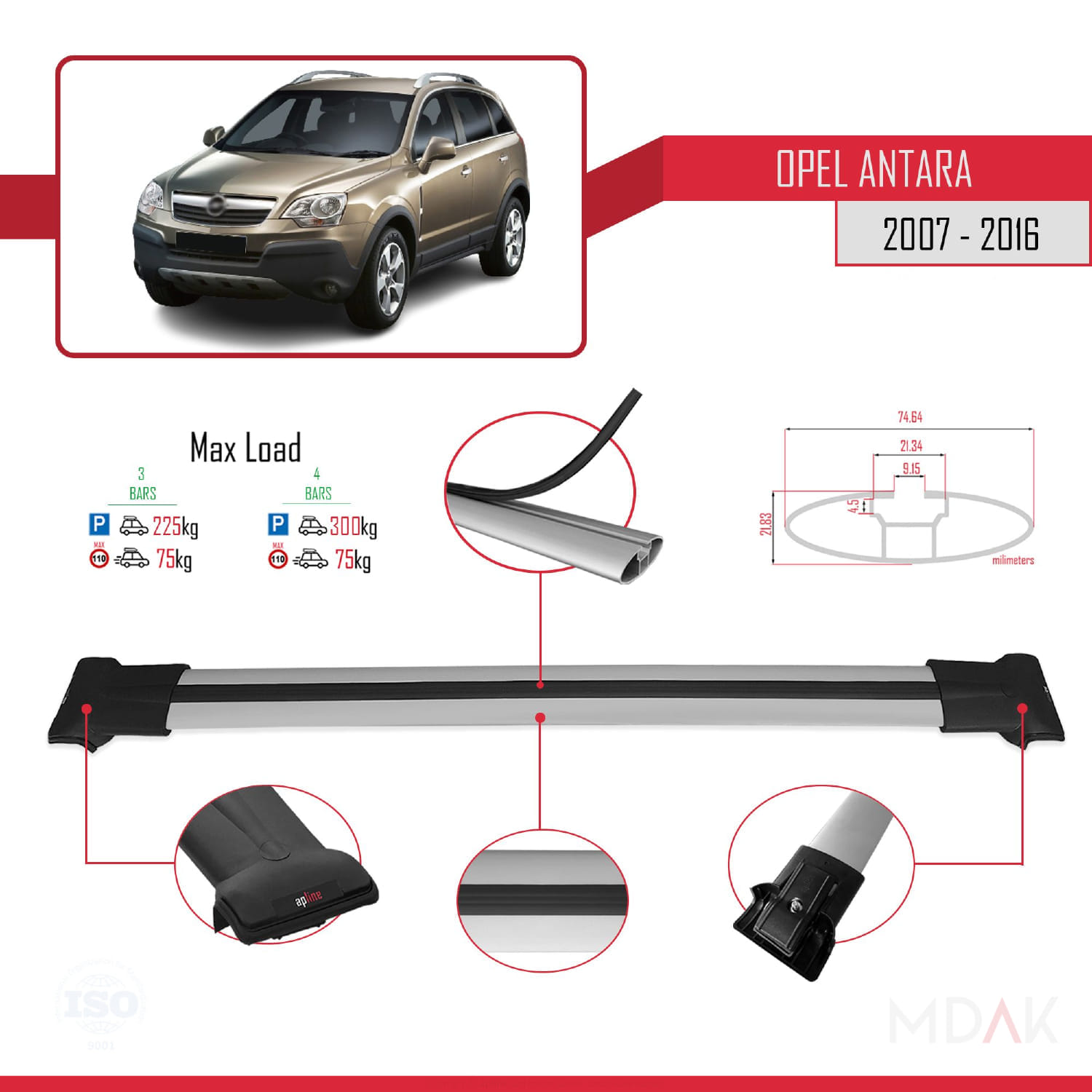 Opel Antara 2007-2016 Arası ile Uyumlu FLY Model Ara Atkı Tavan Barı Gri 3 Adet - Görsel 3