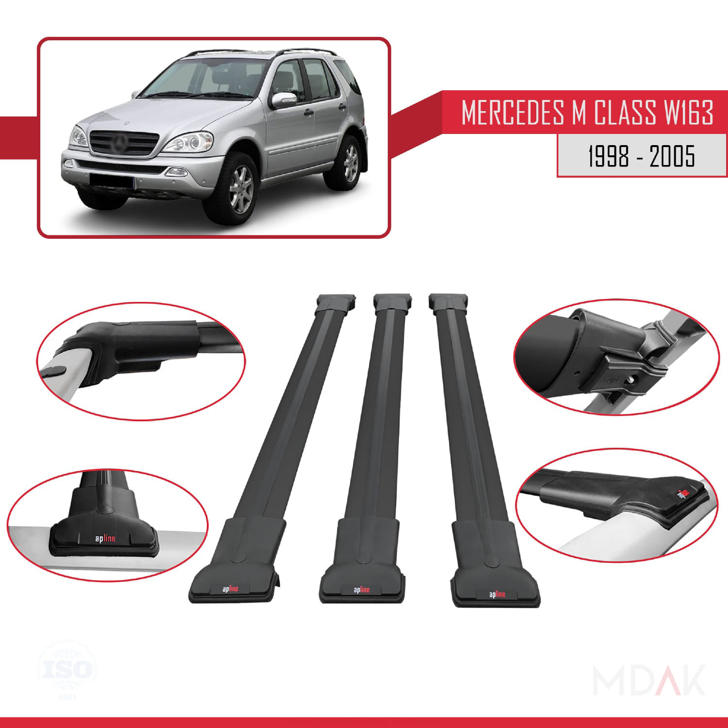Mercedes M Class (W163) 1998-2005 Arası ile Uyumlu FLY Model Ara Atkı Tavan Barı Siyah 3 Adet - Görsel 4