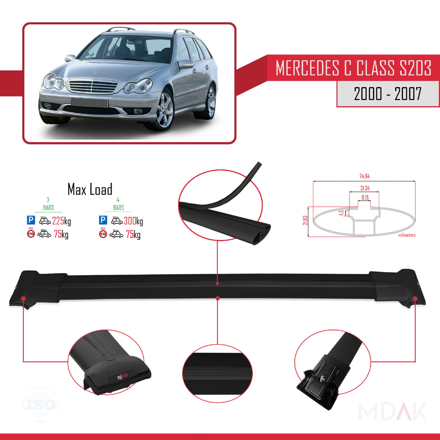 Mercedes C Class 2 (S203) 2000-2007 Arası ile Uyumlu FLY Model Ara Atkı Tavan Barı Siyah 3 Adet - Görsel 3