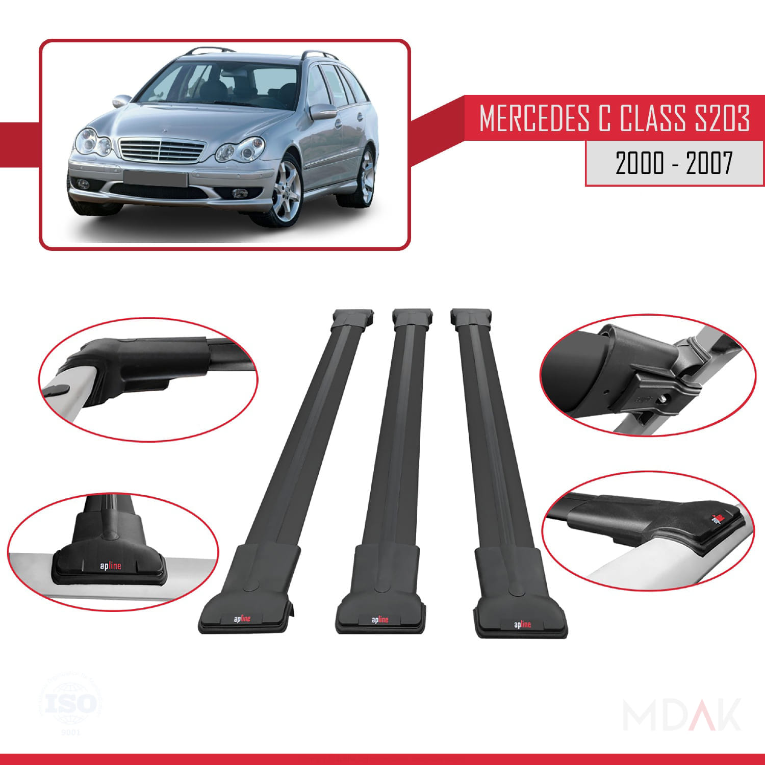 Mercedes C Class 2 (S203) 2000-2007 Arası ile Uyumlu FLY Model Ara Atkı Tavan Barı Siyah 3 Adet - Görsel 4