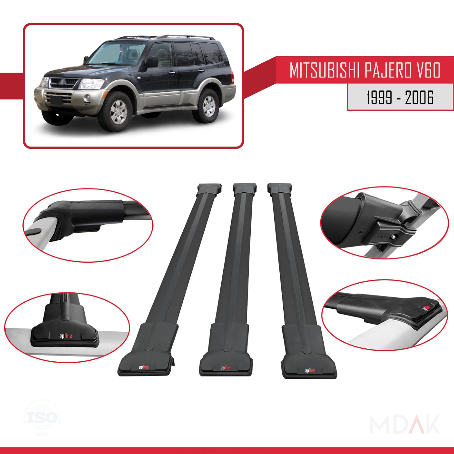 Mitsubishi Pajero (V60) 5 Kapı 1999-2006 Arası ile Uyumlu FLY Model Ara Atkı Tavan Barı Siyah 3 Adet - Görsel 4
