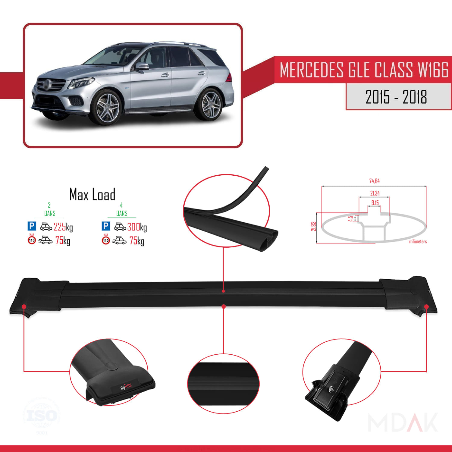Mercedes GLE Class 3 (W166) 2015-2018 Arası ile Uyumlu FLY Model Ara Atkı Tavan Barı Siyah 3 Adet - Görsel 3