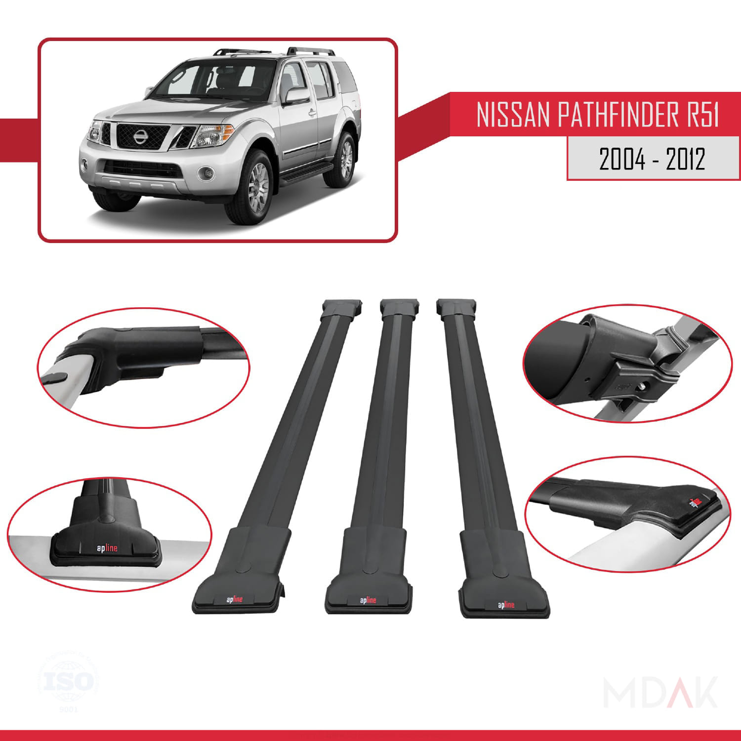 Nissan Pathfinder 3 (R51) 2004-2012 Arası ile Uyumlu FLY Model Ara Atkı Tavan Barı Siyah 3 Adet - Görsel 4