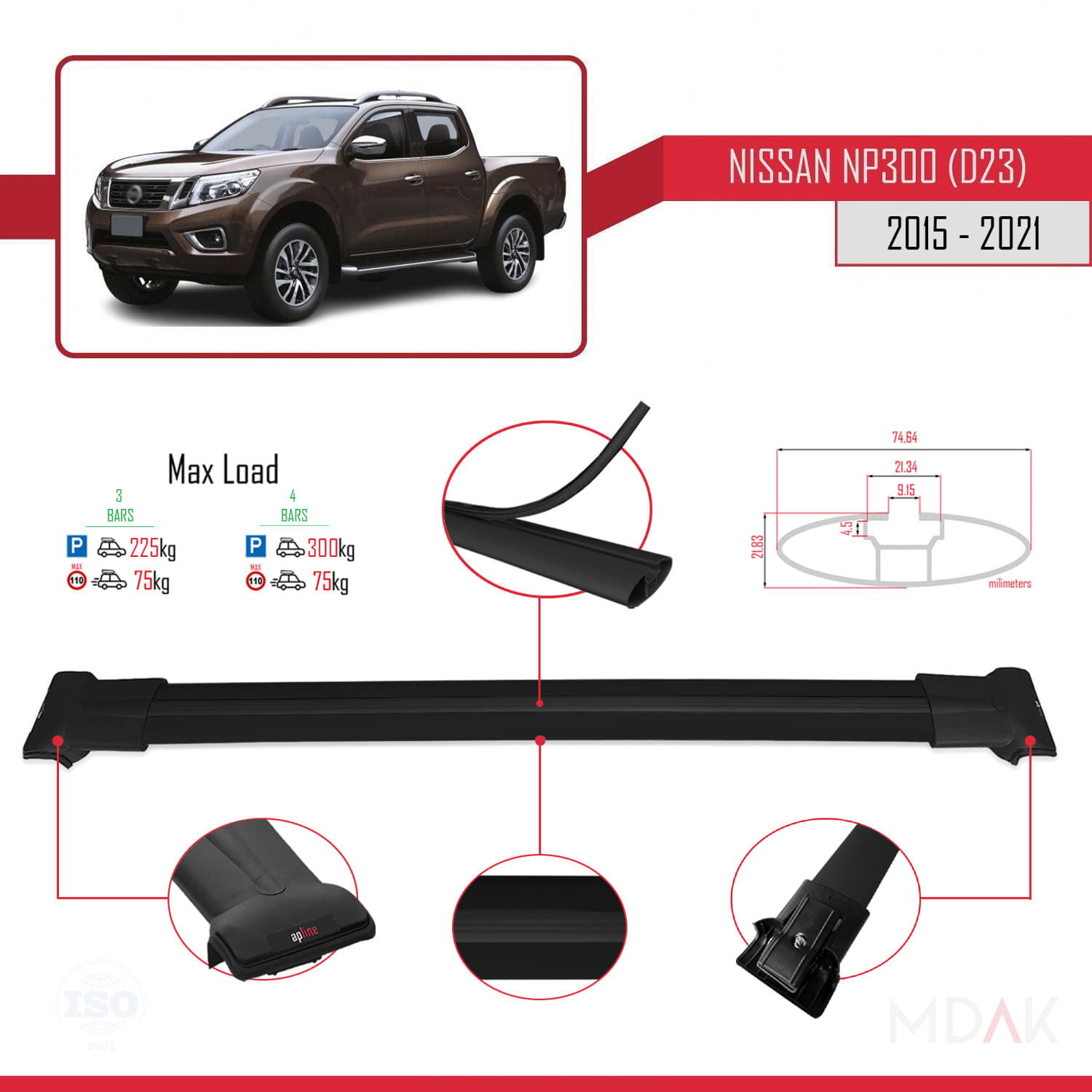 Nissan NP300 (D23) 2015-2021 Arası ile Uyumlu FLY Model Ara Atkı Tavan Barı Siyah 3 Adet - Görsel 3