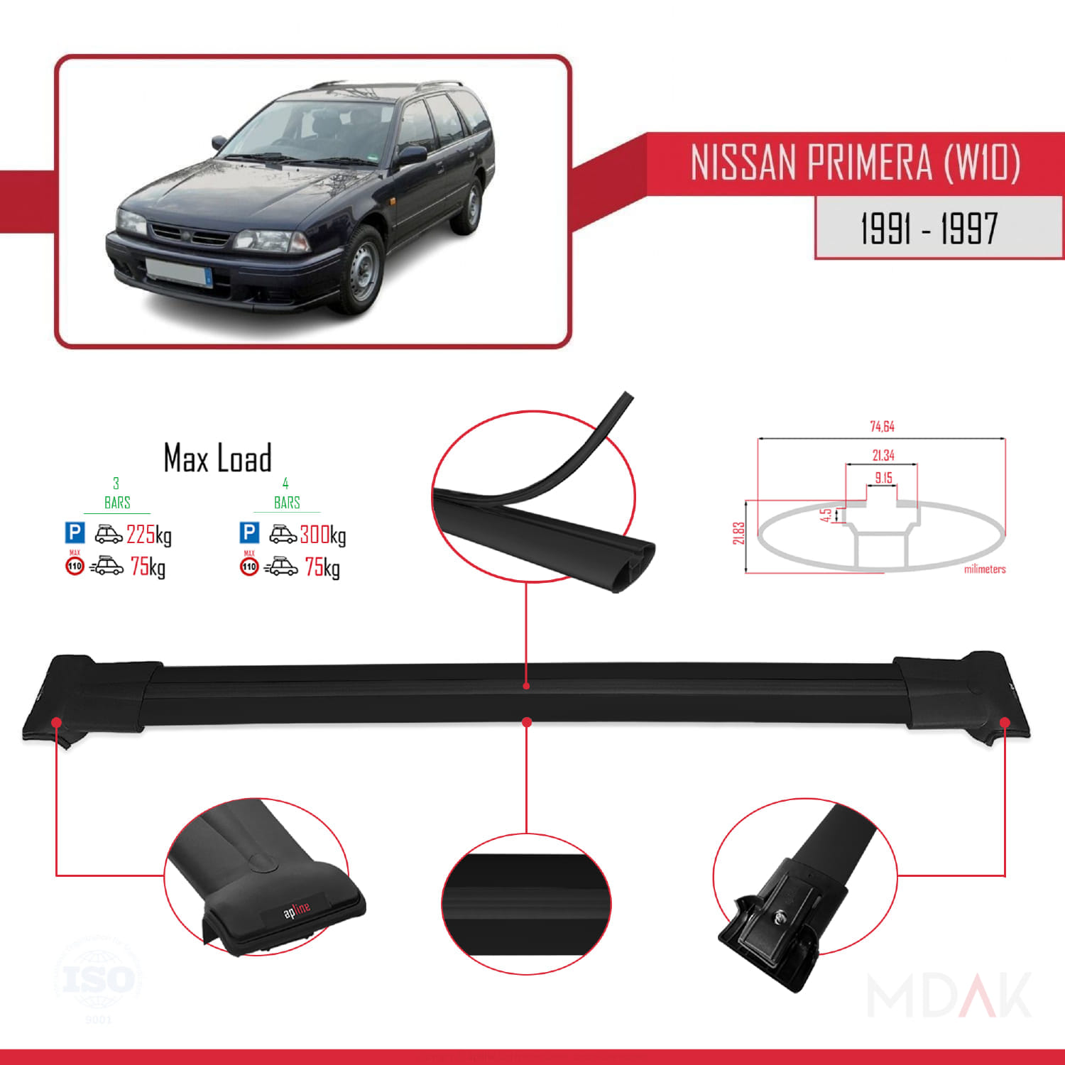 Nissan Primera (W10) Traveller 1991-1997 Arası ile Uyumlu FLY Model Ara Atkı Tavan Barı Siyah 3 Adet - Görsel 3
