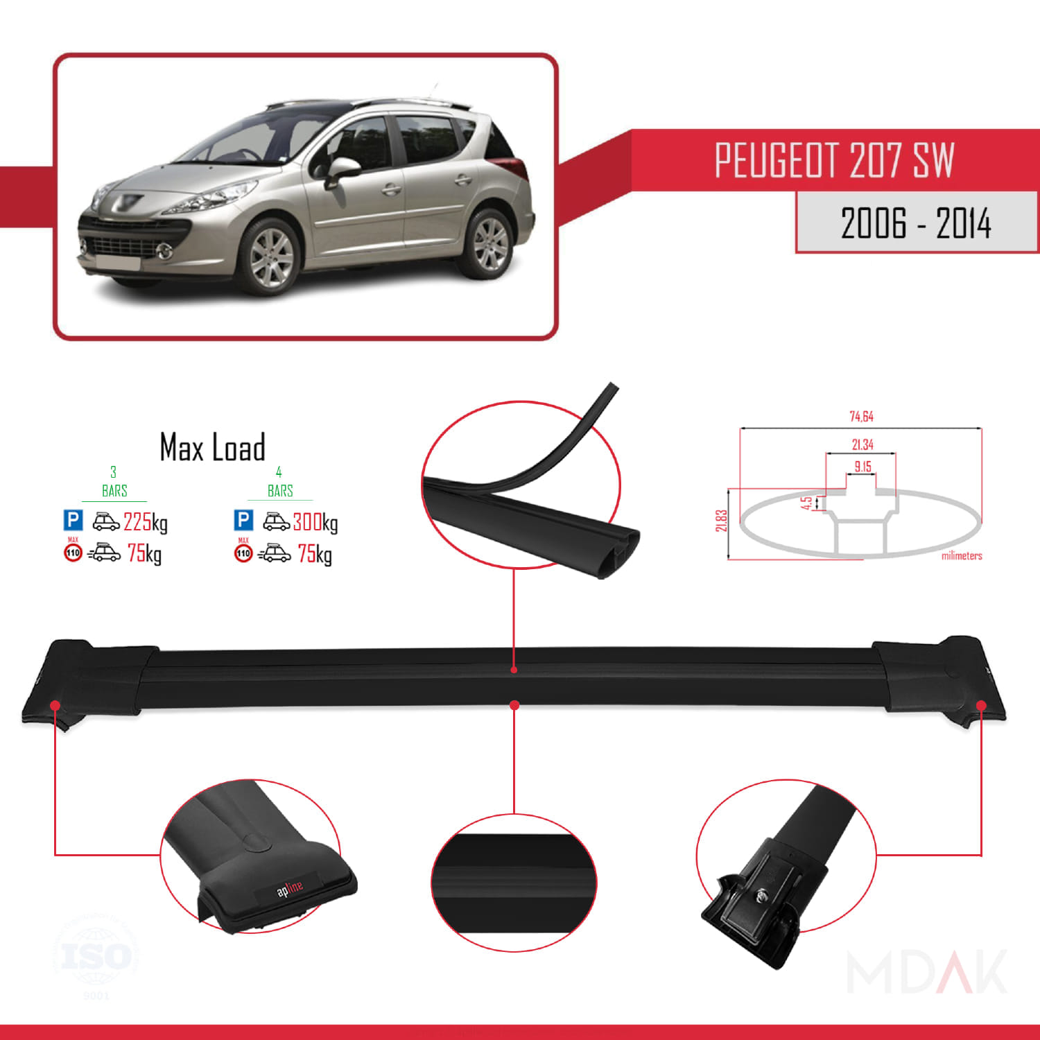Peugeot 207 SW 2006-2014 Arası ile Uyumlu FLY Model Ara Atkı Tavan Barı Siyah 3 Adet - Görsel 3