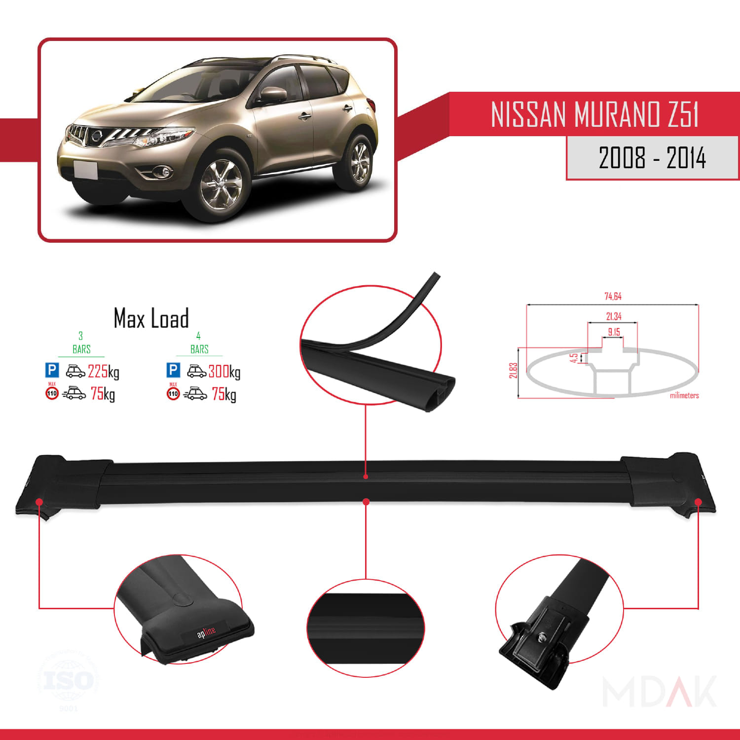 Nissan Murano 2 (Z51) 2008-2014 Arası ile Uyumlu FLY Model Ara Atkı Tavan Barı Siyah 3 Adet - Görsel 3