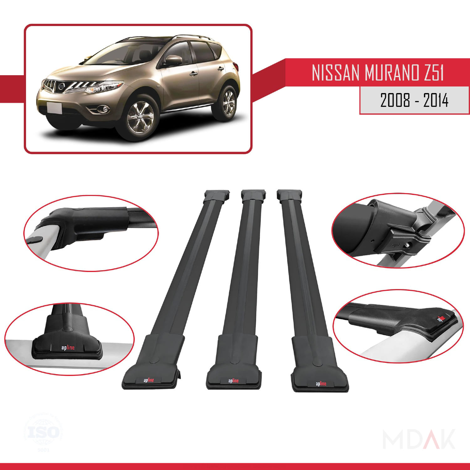 Nissan Murano 2 (Z51) 2008-2014 Arası ile Uyumlu FLY Model Ara Atkı Tavan Barı Siyah 3 Adet - Görsel 4