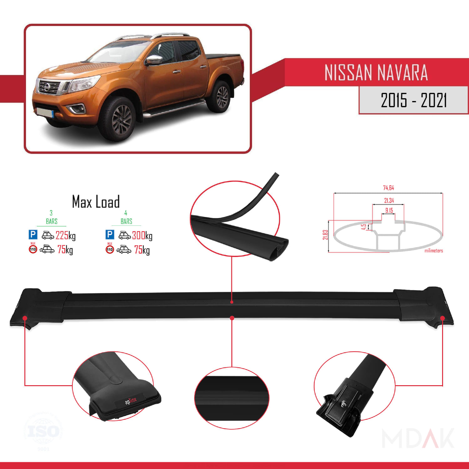 Nissan Navara 4 (D23) 2015-2021 Arası ile Uyumlu FLY Model Ara Atkı Tavan Barı Siyah 3 Adet - Görsel 3