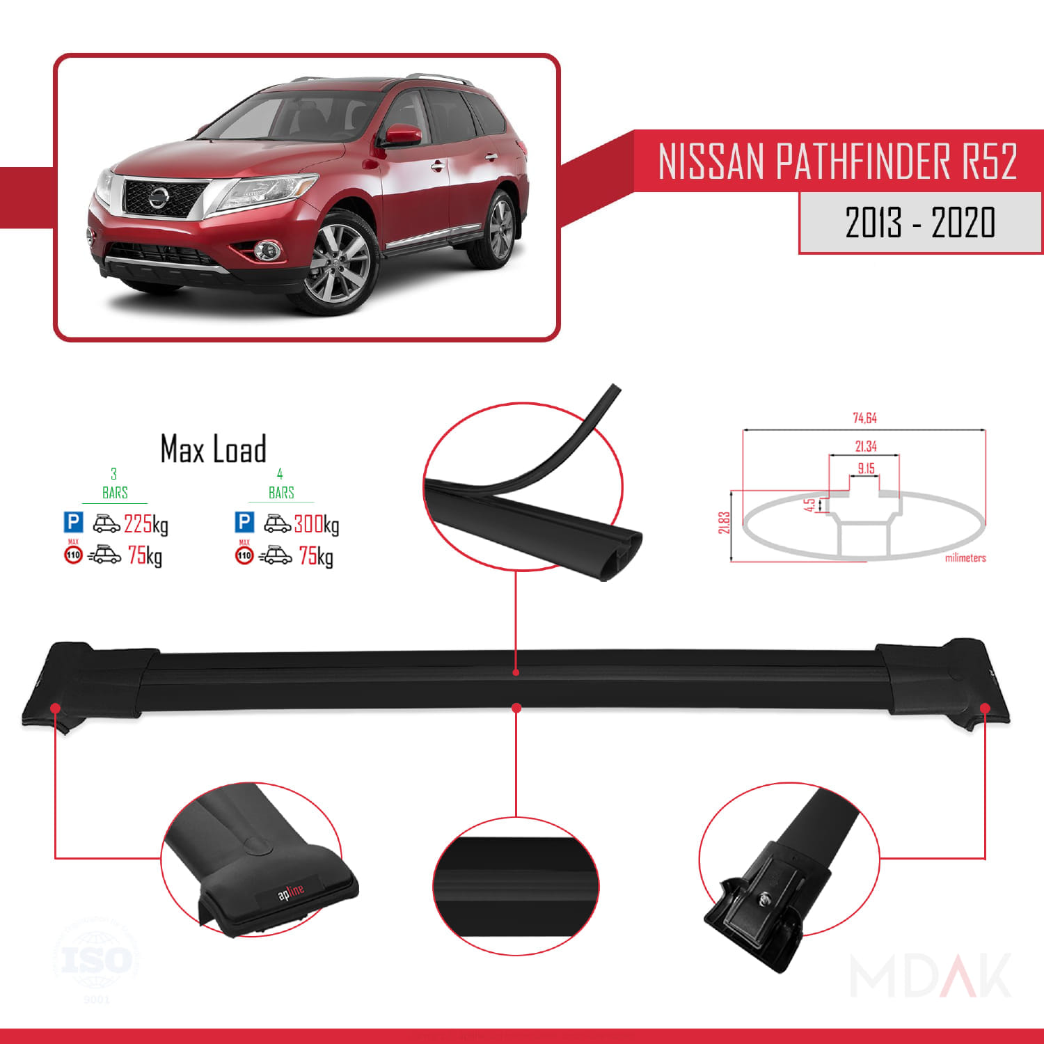 Nissan Pathfinder 4 (R52) 2013-2020 Arası ile Uyumlu FLY Model Ara Atkı Tavan Barı Siyah 3 Adet - Görsel 3