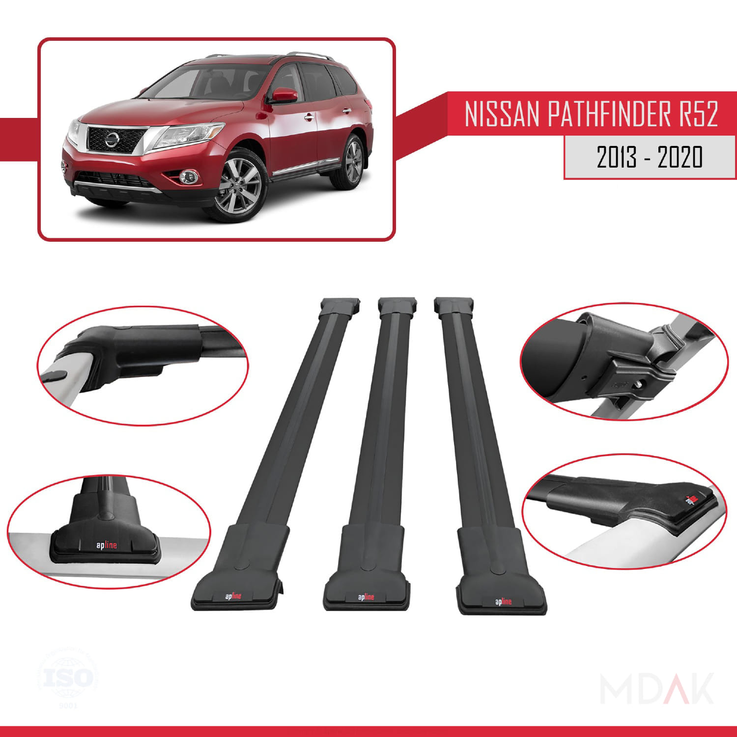 Nissan Pathfinder 4 (R52) 2013-2020 Arası ile Uyumlu FLY Model Ara Atkı Tavan Barı Siyah 3 Adet - Görsel 4