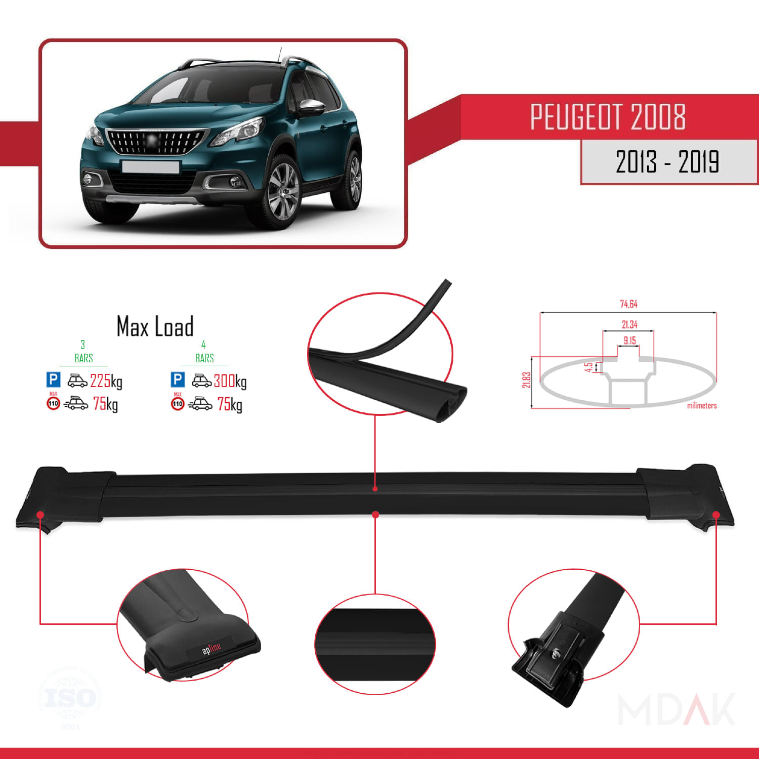 Peugeot 2008 (A94) 2013-2019 Arası ile Uyumlu FLY Model Ara Atkı Tavan Barı Siyah 3 Adet - Görsel 3