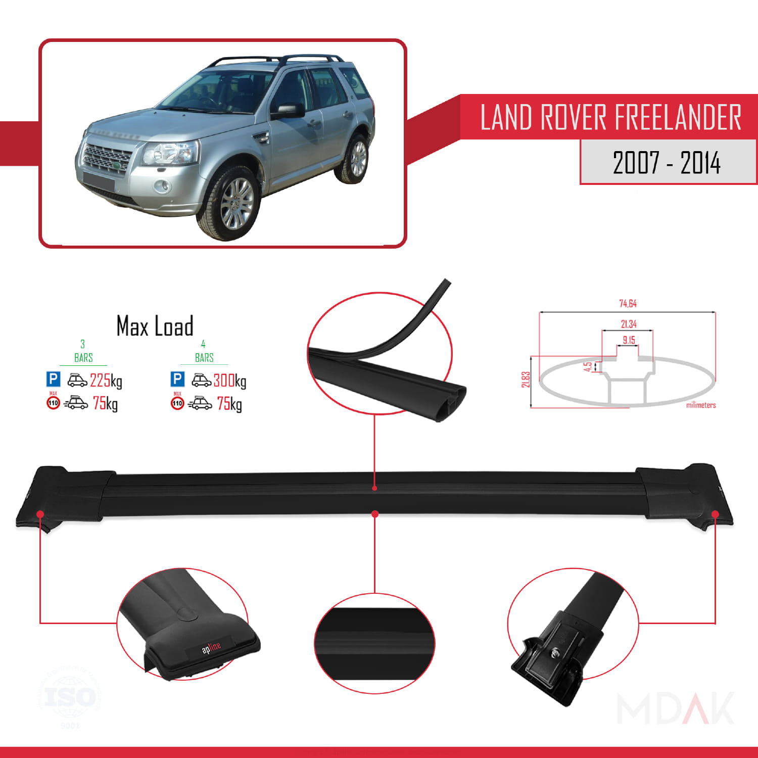 Land Rover Freelander 2 (L359) 2007-2015 Arası ile Uyumlu FLY Model Ara Atkı Tavan Barı Siyah 3 Adet - Görsel 3