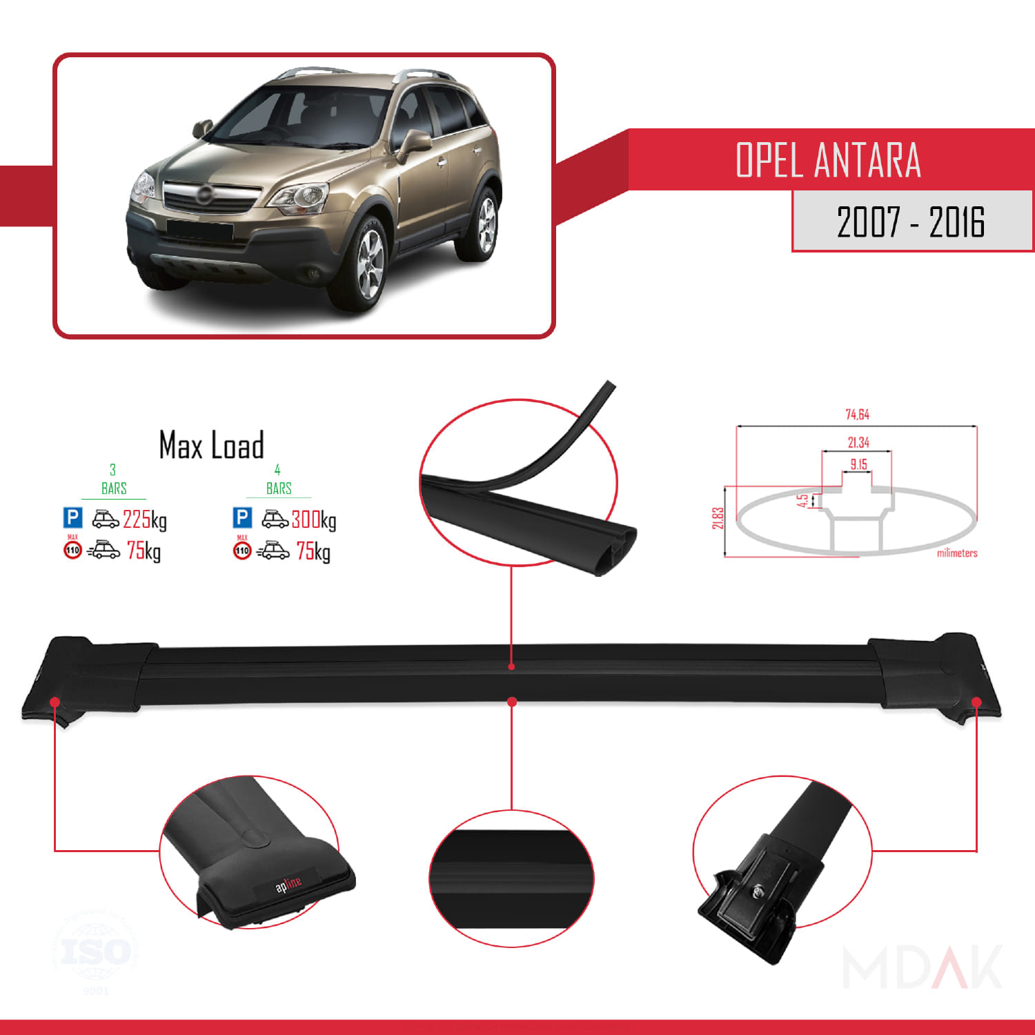 Opel Antara 2007-2016 Arası ile Uyumlu FLY Model Ara Atkı Tavan Barı Siyah 3 Adet - Görsel 3