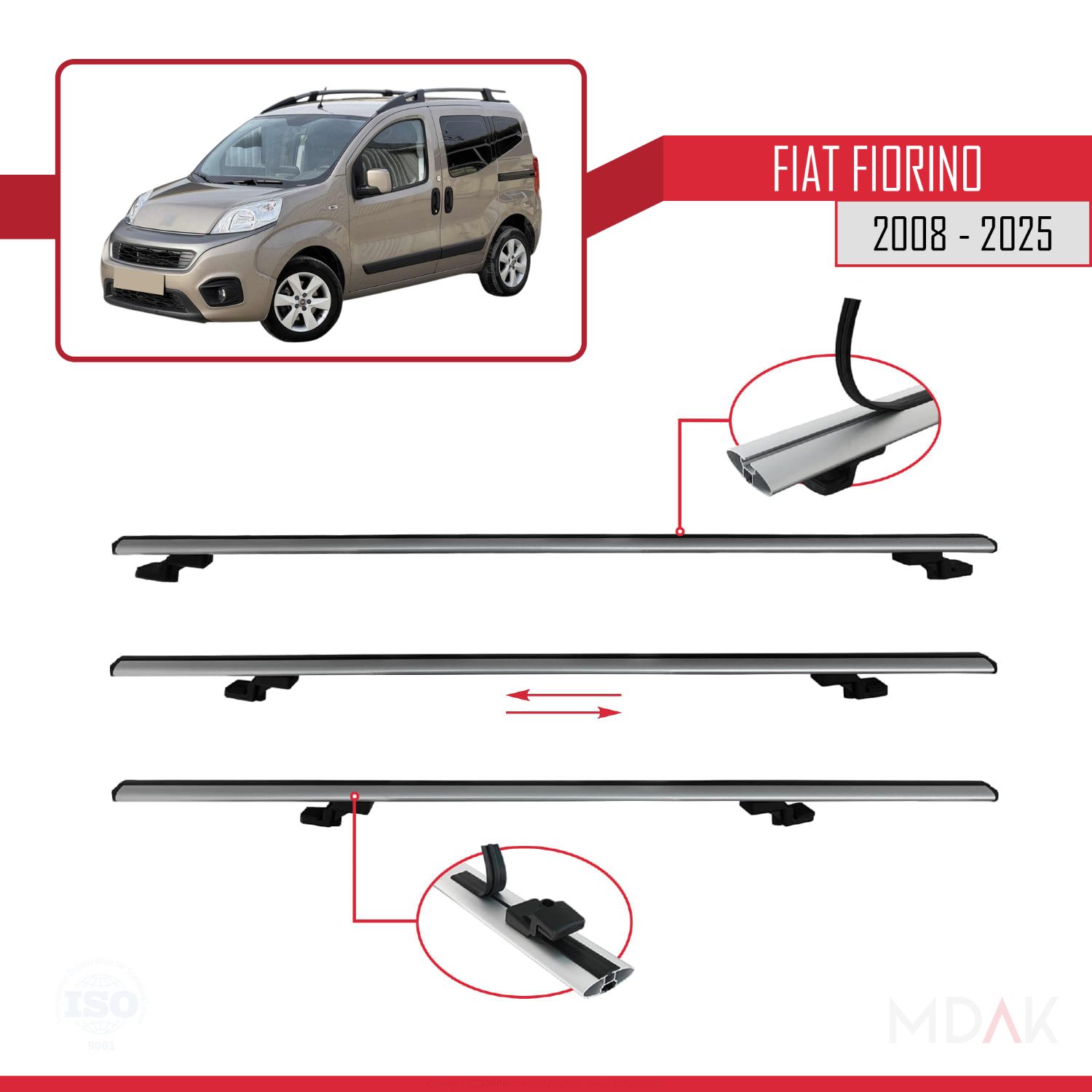 Fiat Fiorino (BORU TİPİ) 2008-2025 Arası ile uyumlu BASIC Model Ara Atkı Tavan Barı Gri 3 Adet - Görsel 5