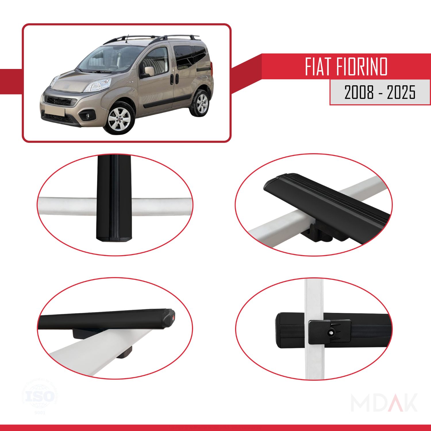 Fiat Fiorino (BORU TİPİ) 2008-2025 Arası ile uyumlu BASIC Model Ara Atkı Tavan Barı Siyah 4 Adet - Görsel 4