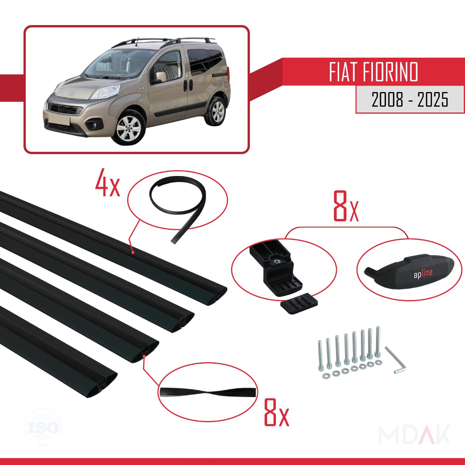 Fiat Fiorino (BORU TİPİ) 2008-2025 Arası ile uyumlu BASIC Model Ara Atkı Tavan Barı Siyah 4 Adet - Görsel 6