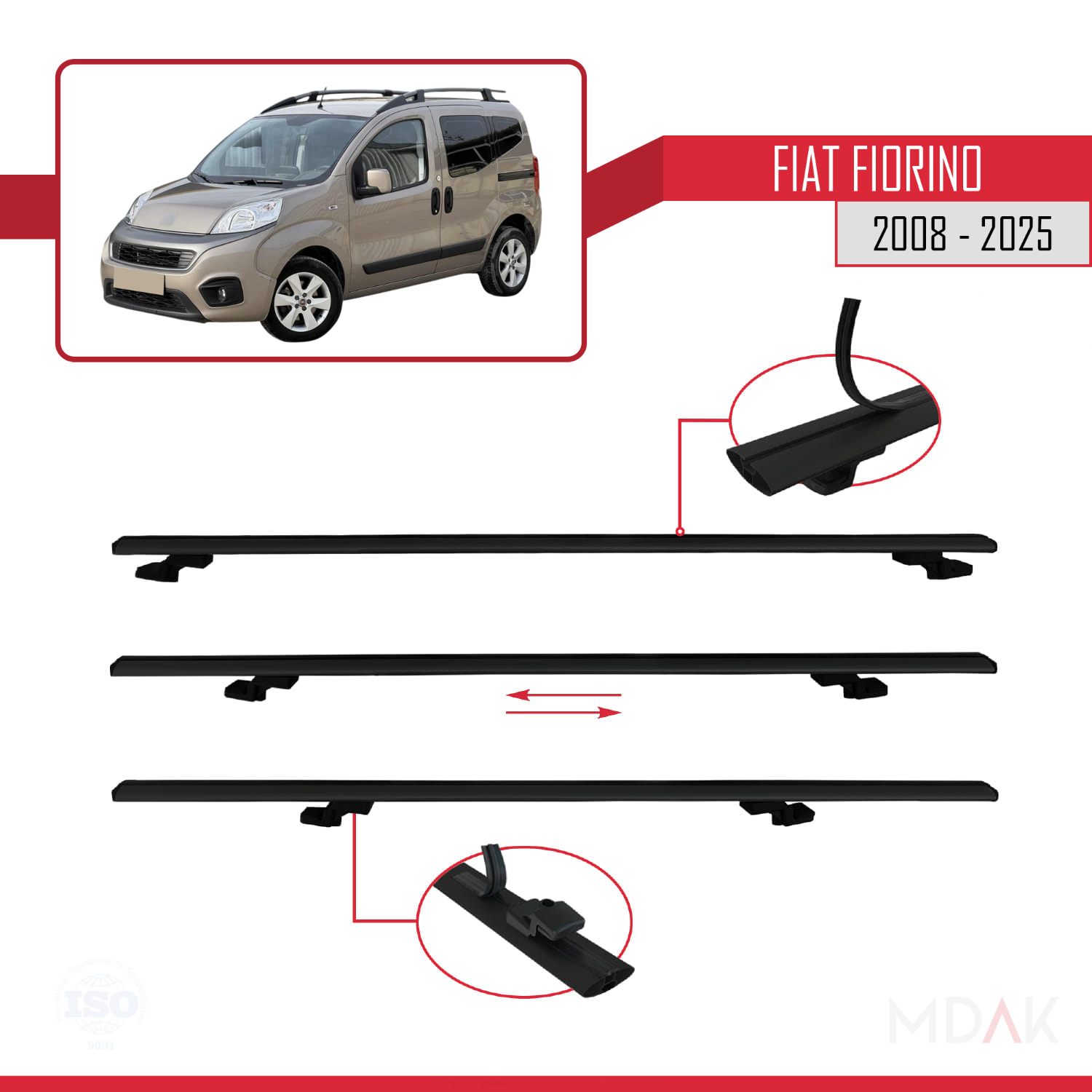 Fiat Fiorino (BORU TİPİ) 2008-2025 Arası ile uyumlu BASIC Model Ara Atkı Tavan Barı Siyah 2 Adet - Görsel 5