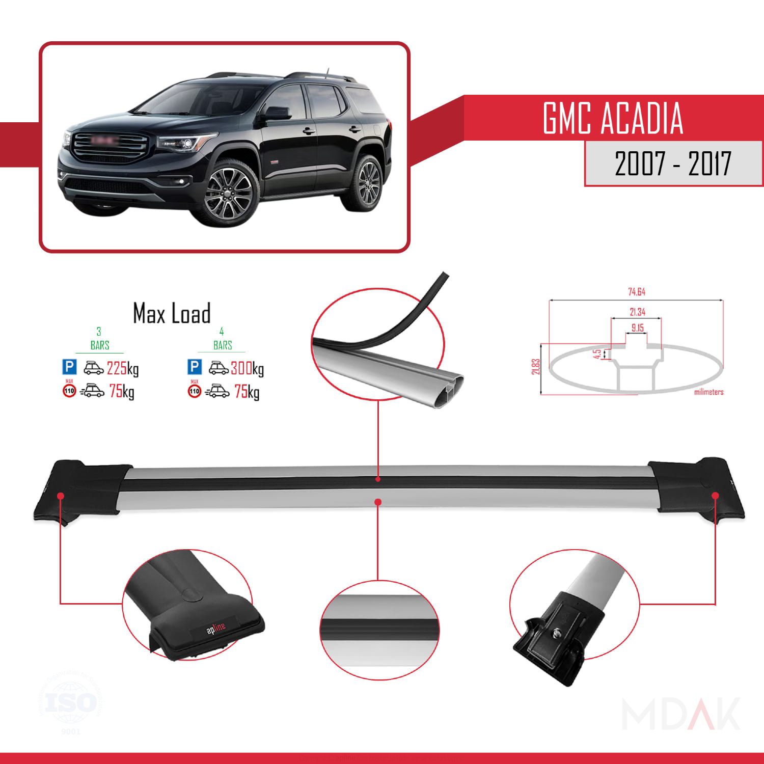 GMC Acadia 2007-2017 Arası ile Uyumlu FLY Model Ara Atkı Tavan Barı Gri 3 Adet - Görsel 3