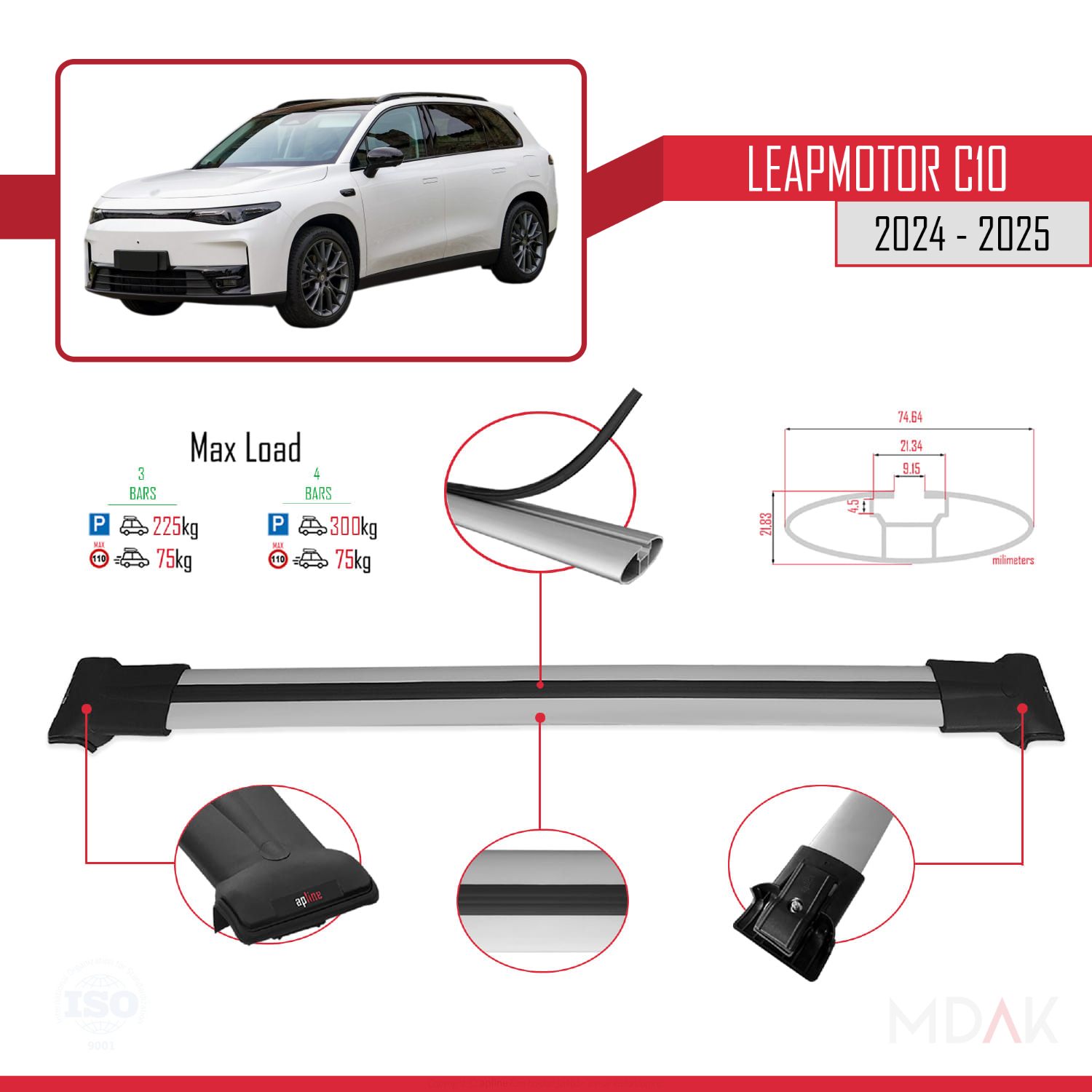 LEAPMOTOR C10 2024-2025 Arası ile Uyumlu FLY Model Ara Atkı Tavan Barı Gri 3 Adet - Görsel 3