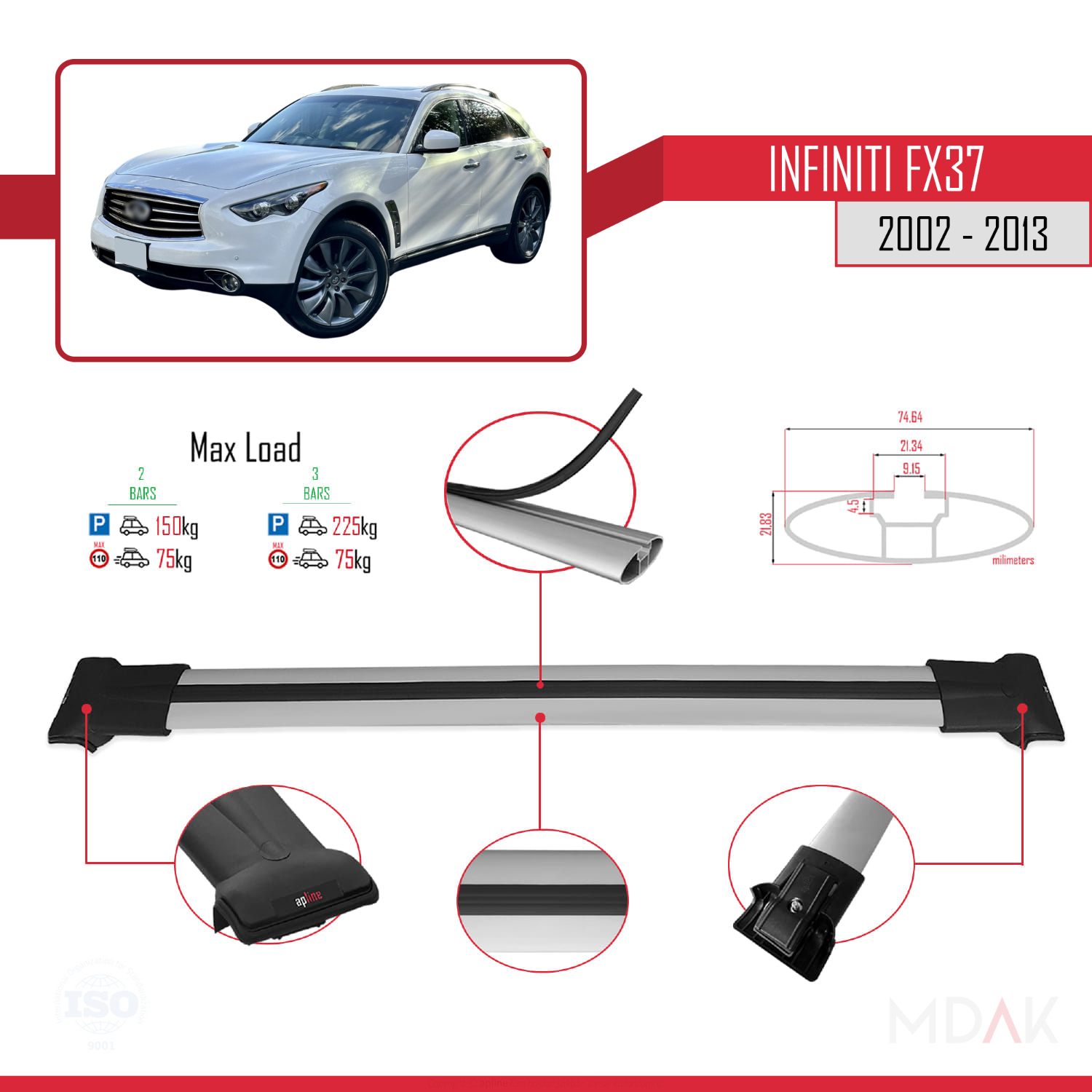 Infiniti FX37 2002-2013 Arası ile Uyumlu FLY Model Ara Atkı Tavan Barı Gri 2 Adet - Görsel 4