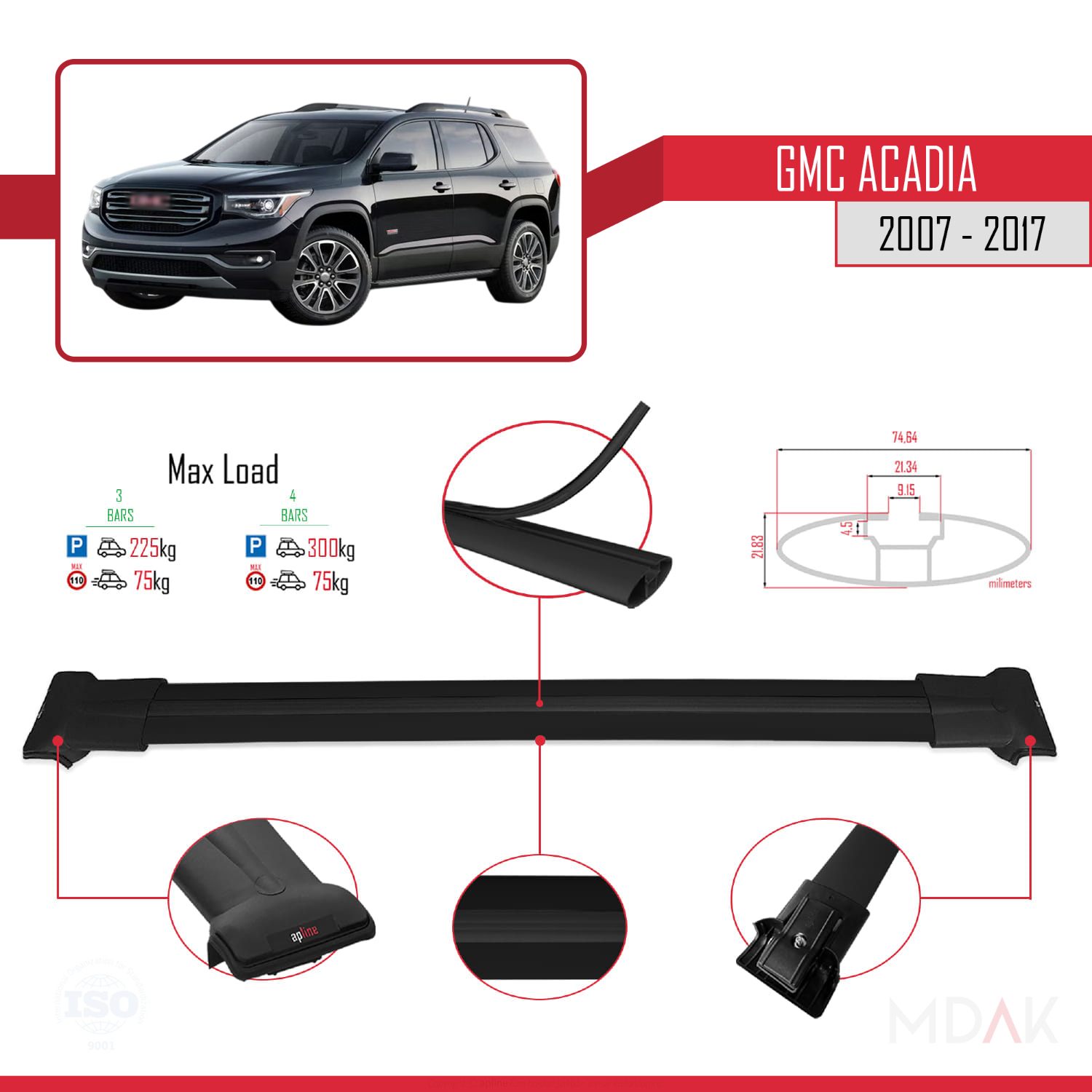 GMC Acadia 2007-2017 Arası ile Uyumlu FLY Model Ara Atkı Tavan Barı Siyah 3 Adet - Görsel 3