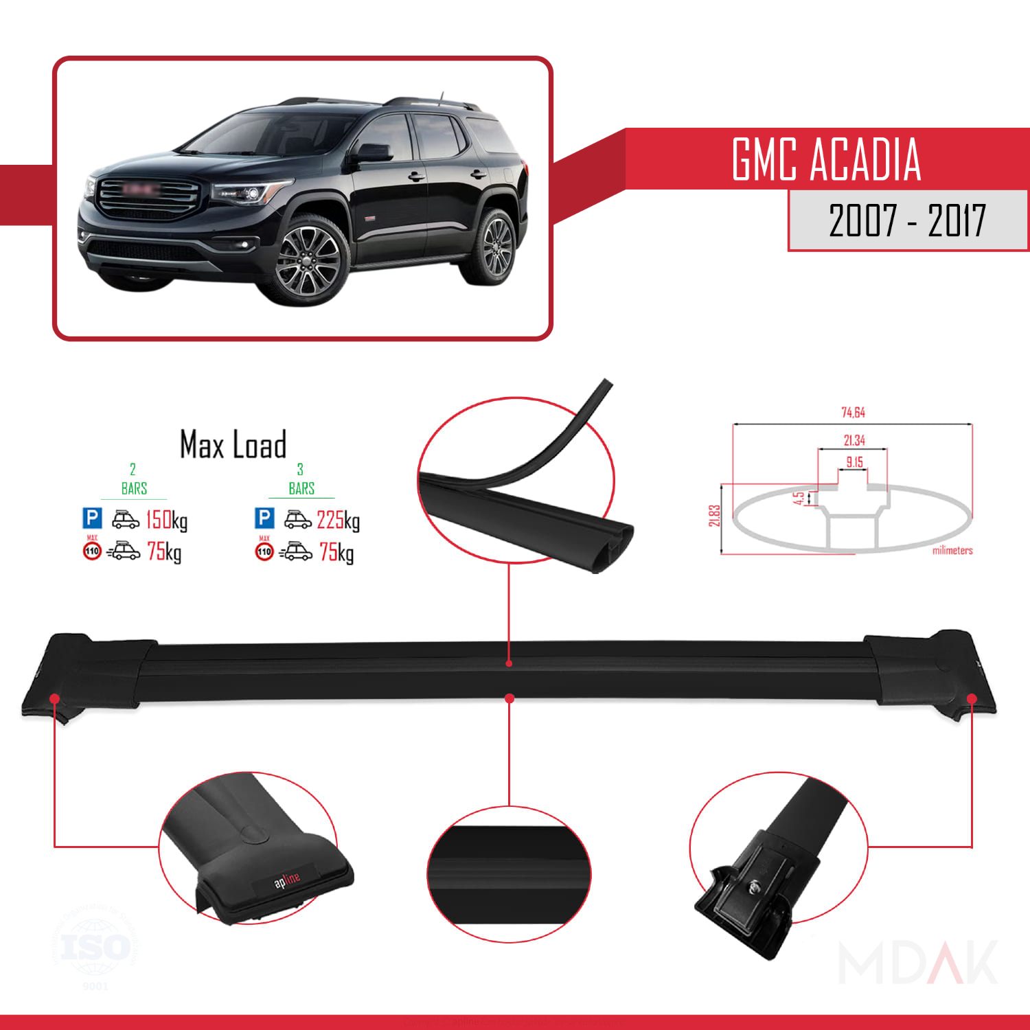 GMC Acadia 2007-2017 Arası ile Uyumlu FLY Model Ara Atkı Tavan Barı Siyah 2 Adet - Görsel 4