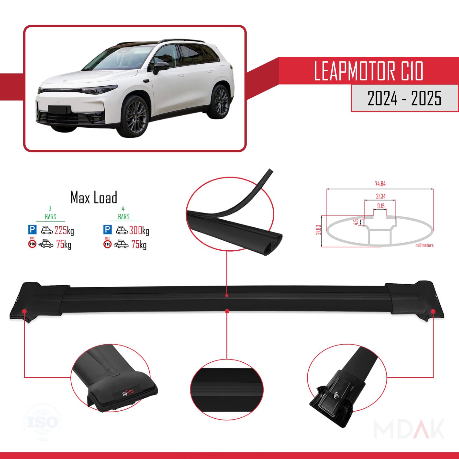 LEAPMOTOR C10 2024-2025 Arası ile Uyumlu FLY Model Ara Atkı Tavan Barı Siyah 3 Adet - Görsel 3
