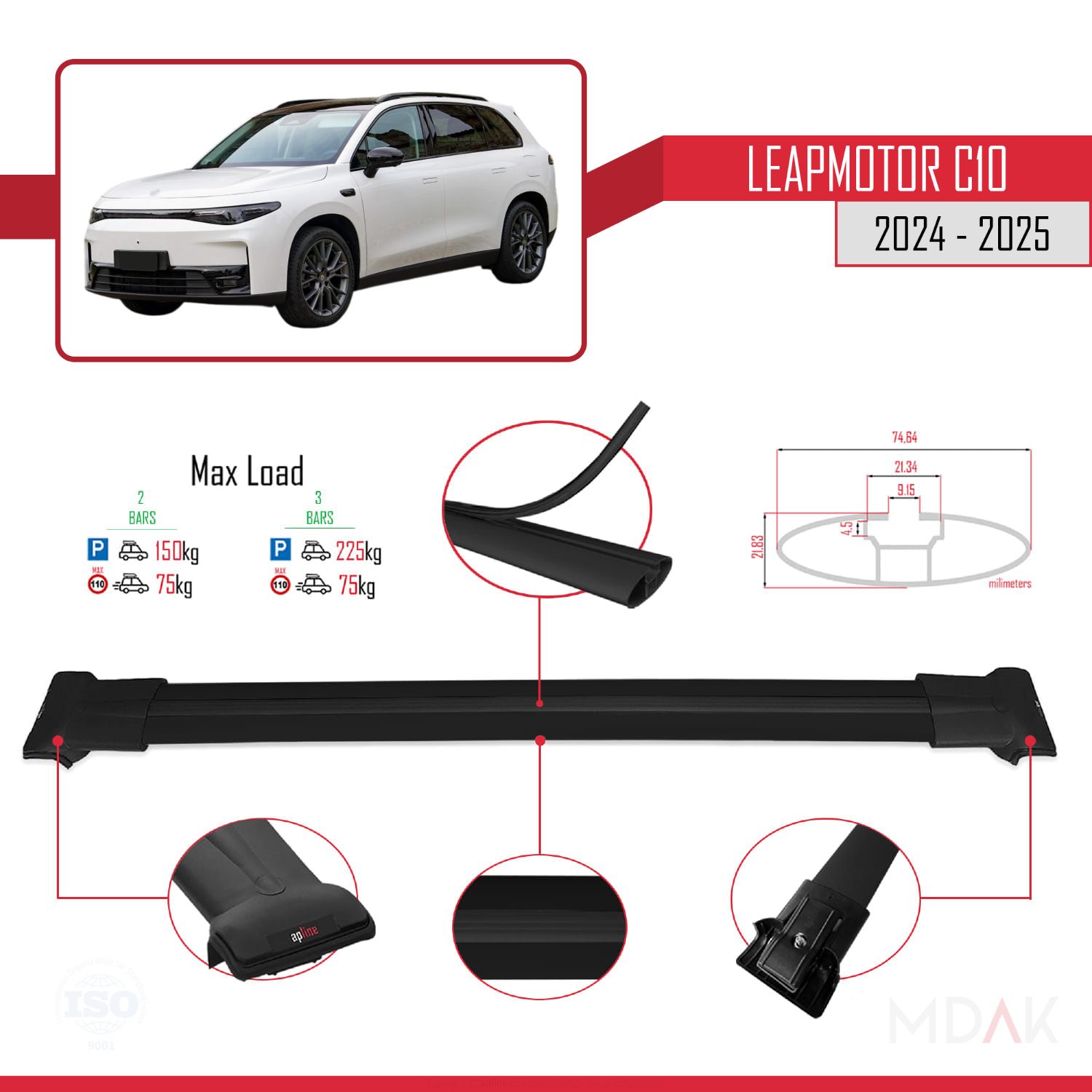 LEAPMOTOR C10 2024-2025 Arası ile Uyumlu FLY Model Ara Atkı Tavan Barı Siyah 2 Adet - Görsel 4