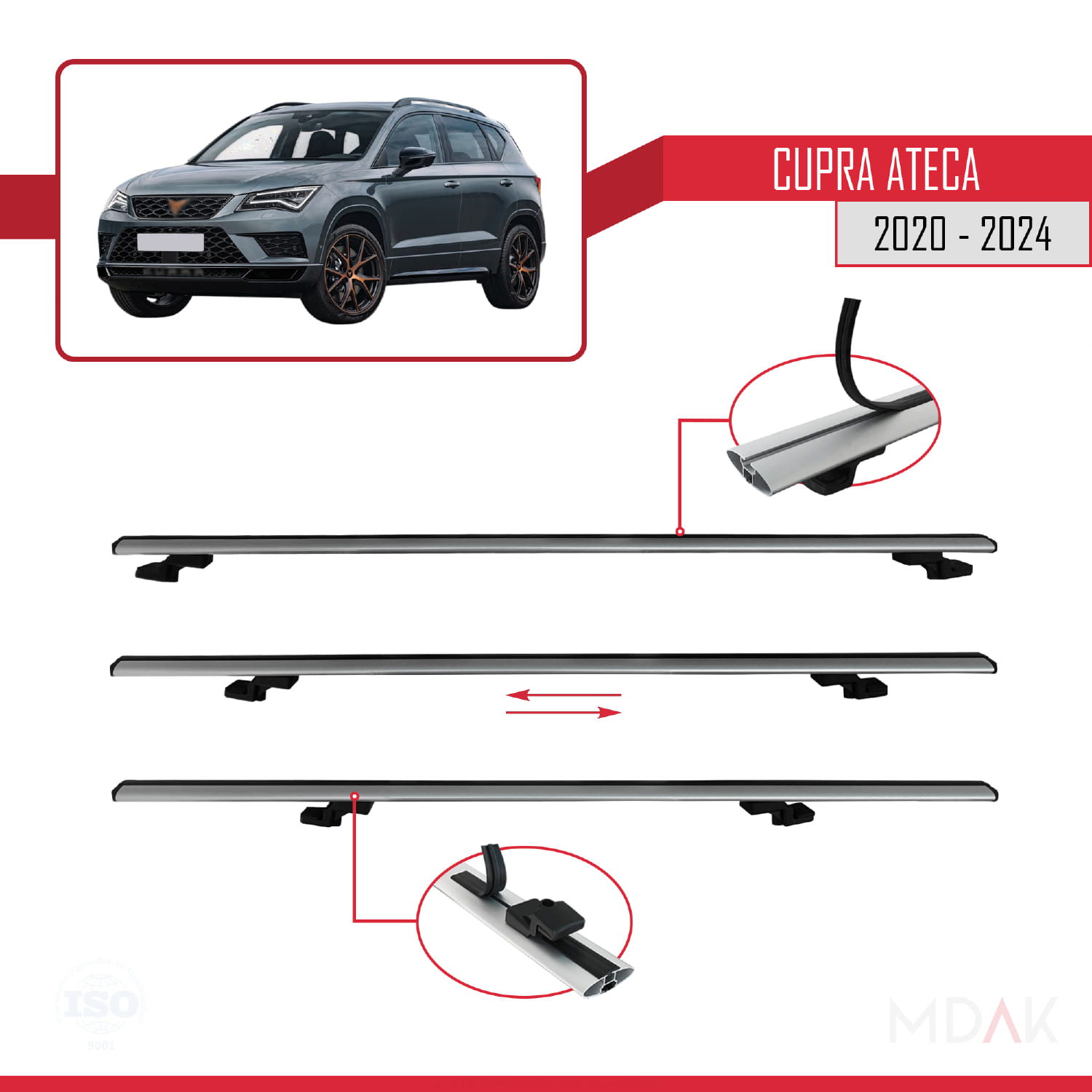 Cupra Ateca 2020-2024 Arası ile Uyumlu BASIC Model Ara Atkı Tavan Barı Gri 3 Adet - Görsel 5