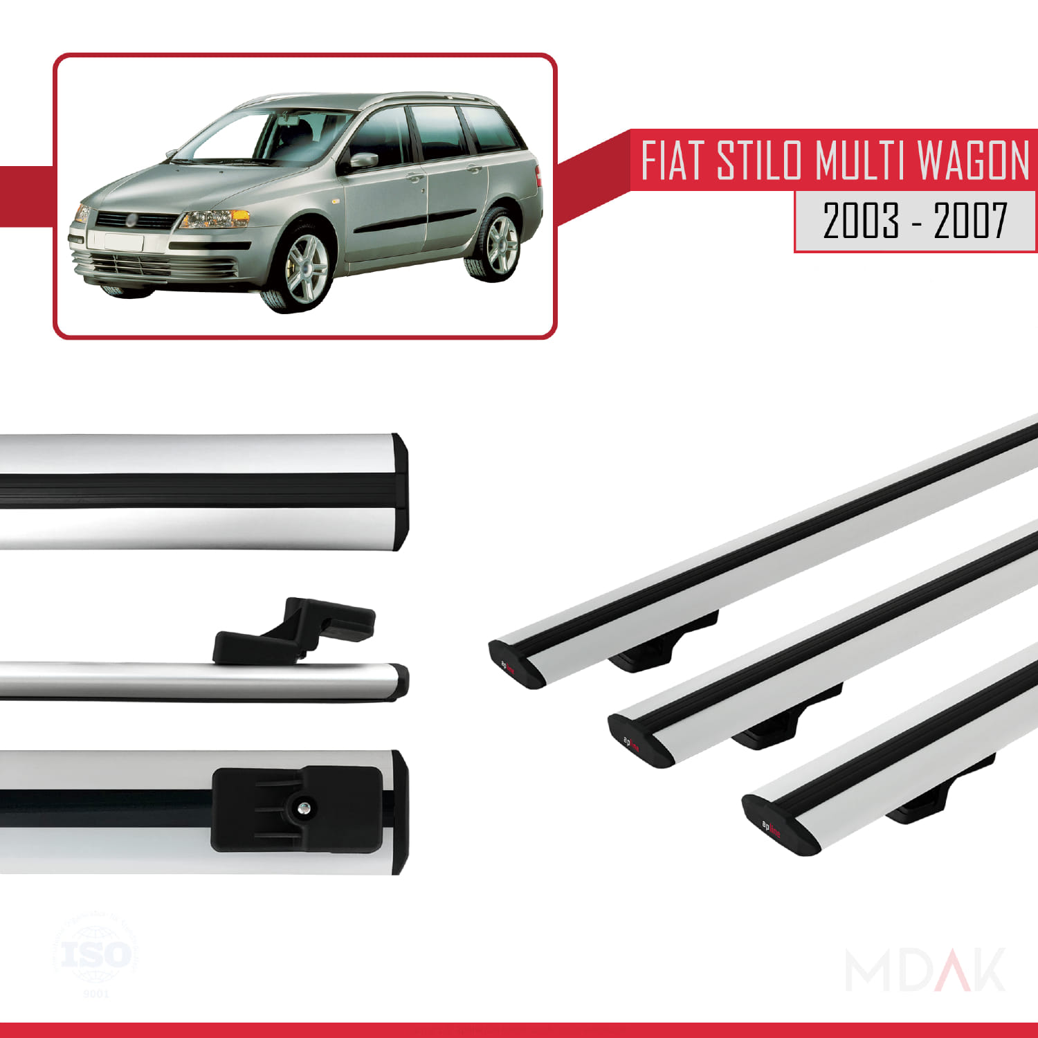 Fiat Stilo Multi Wagon 2003-2007 Arası ile Uyumlu BASIC Model Ara Atkı Tavan Barı Gri 3 Adet - Görsel 3