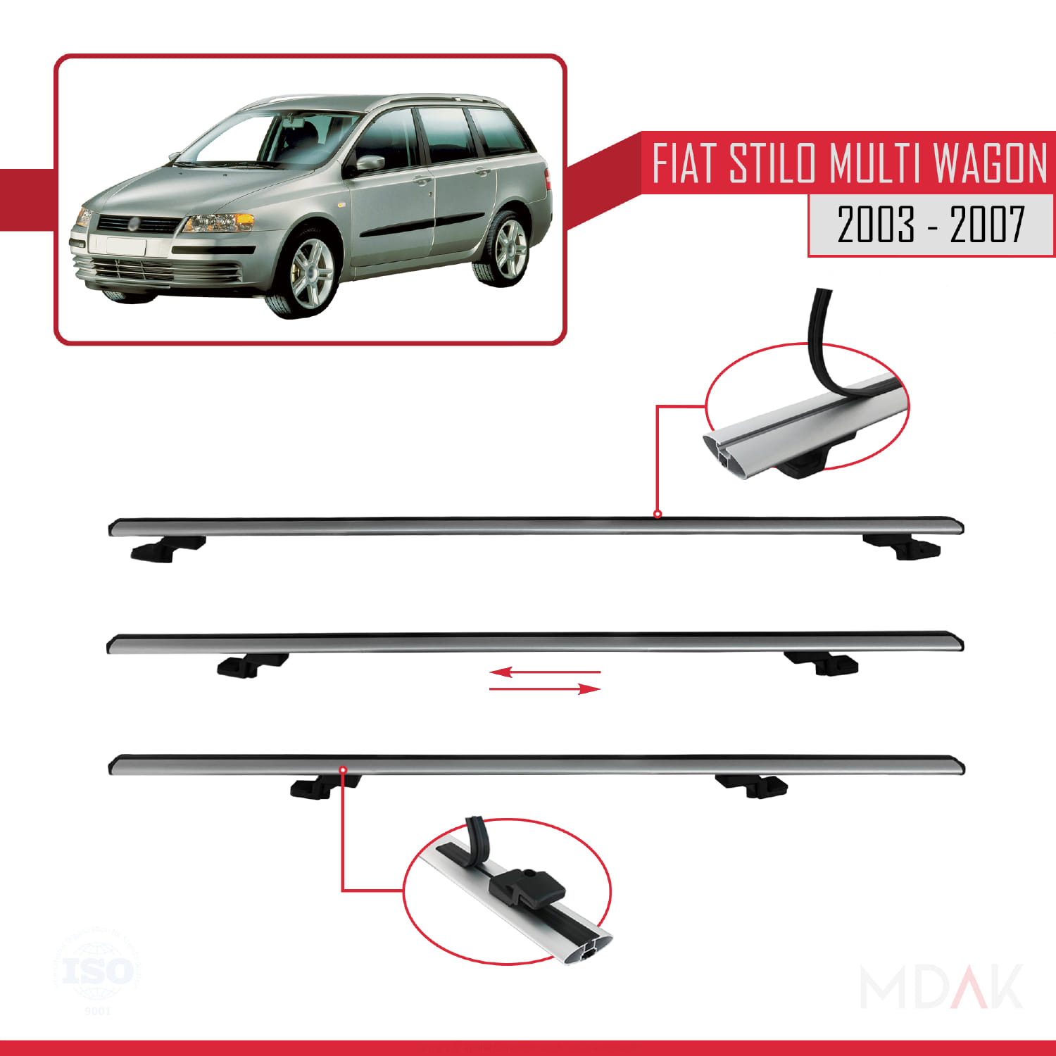 Fiat Stilo Multi Wagon 2003-2007 Arası ile Uyumlu BASIC Model Ara Atkı Tavan Barı Gri 3 Adet - Görsel 5