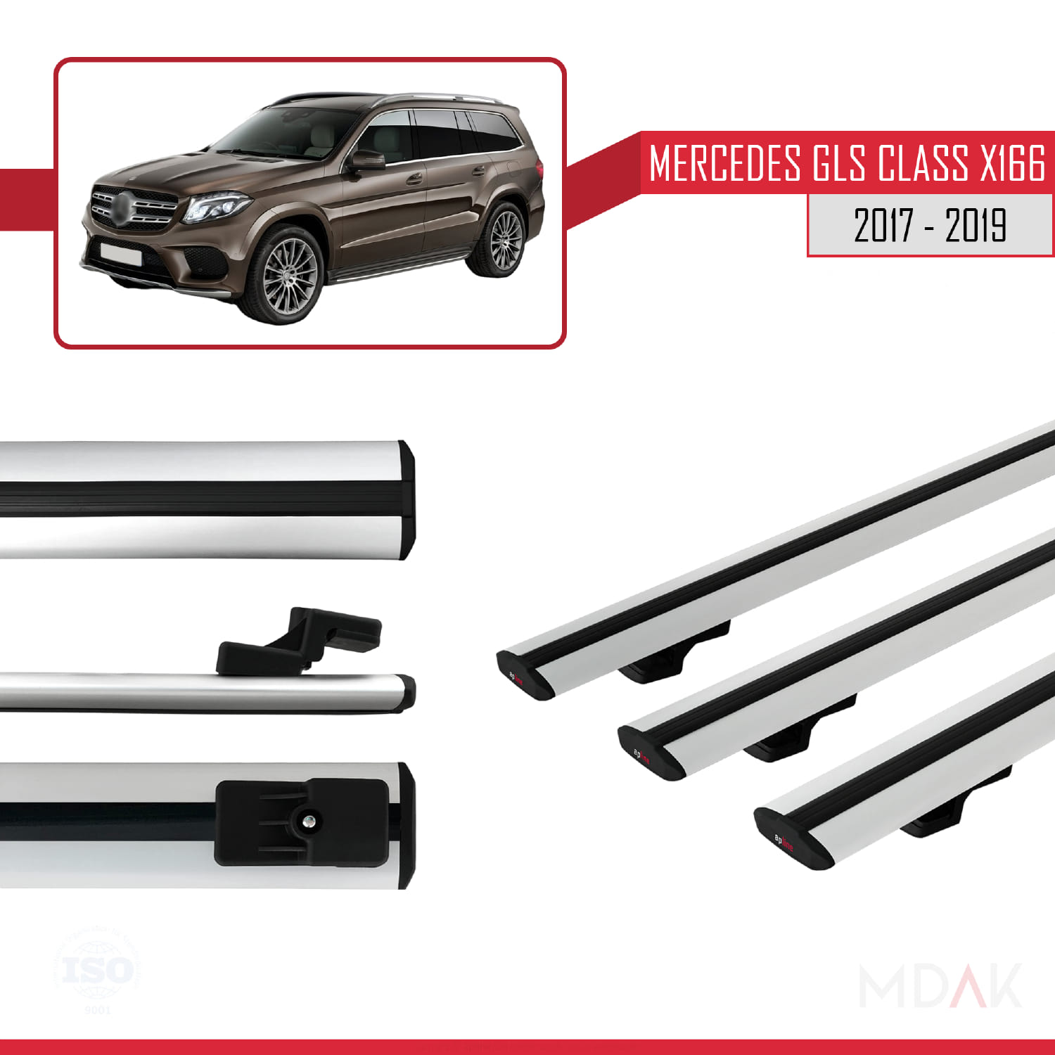 Mercedes GLS Class X166 2017-2019 Arası ile Uyumlu BASIC Model Ara Atkı Tavan Barı Gri 3 Adet - Görsel 3