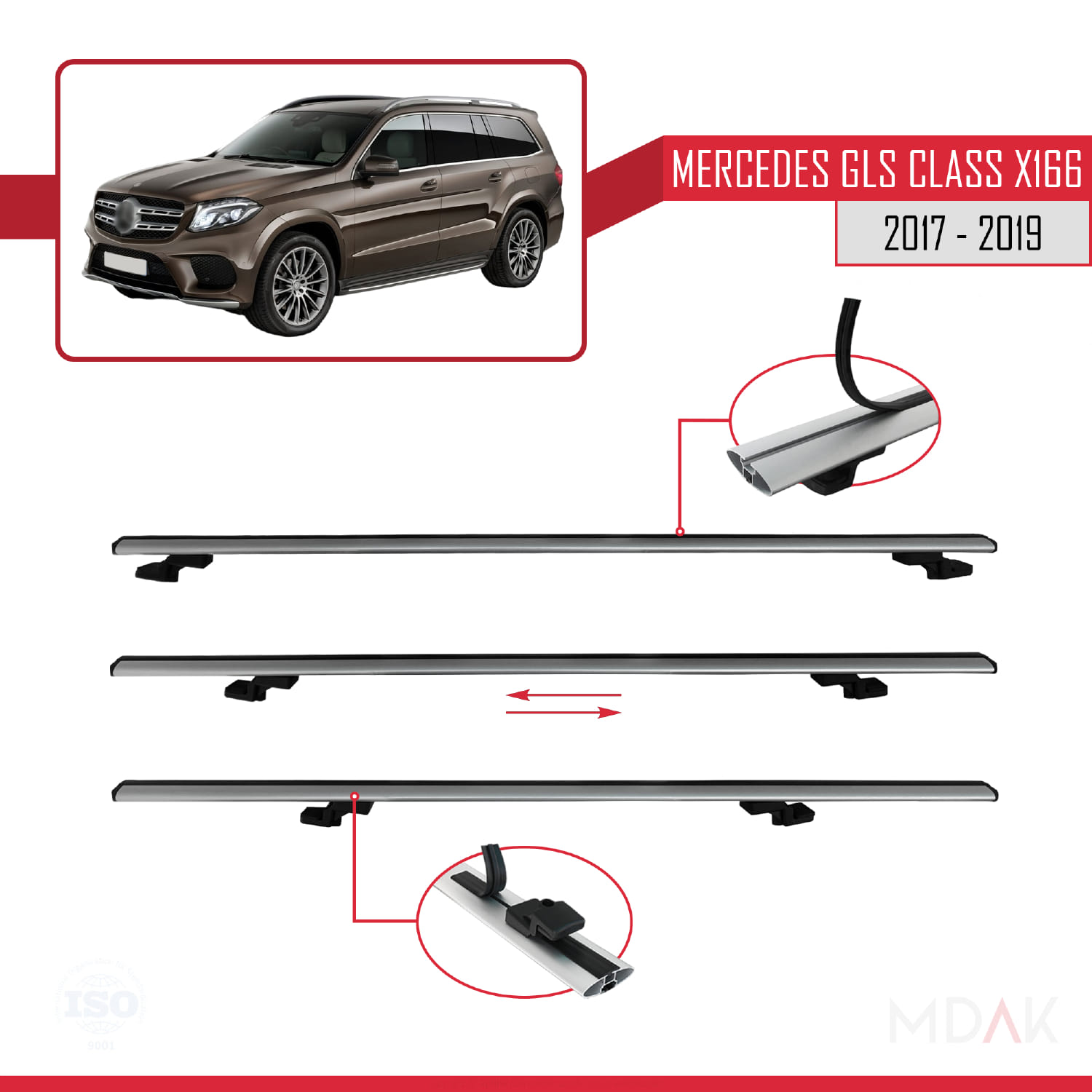Mercedes GLS Class X166 2017-2019 Arası ile Uyumlu BASIC Model Ara Atkı Tavan Barı Gri 2 Adet - Görsel 5