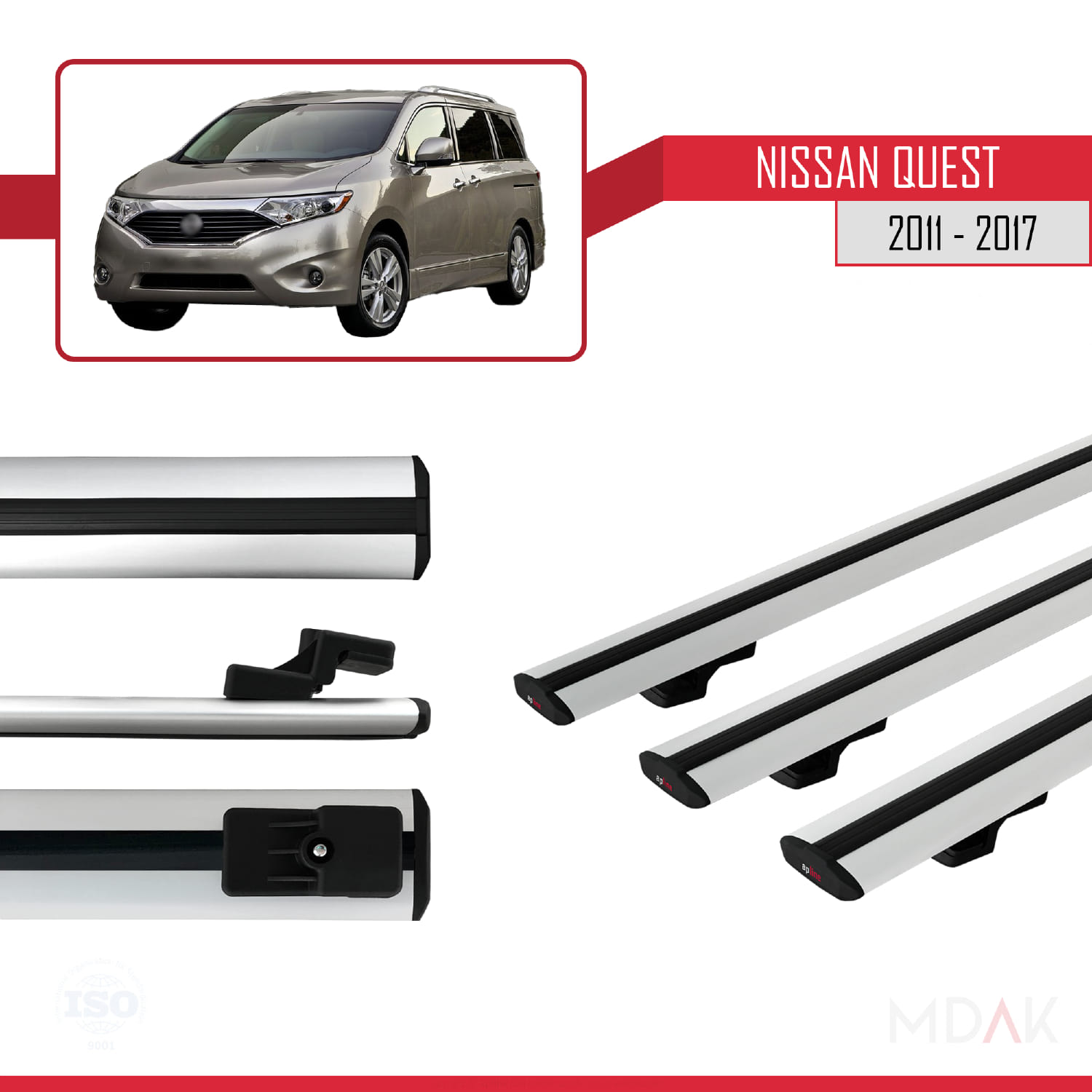 Nissan Quest 2011-2017 Arası ile Uyumlu BASIC Model Ara Atkı Tavan Barı Gri 3 Adet - Görsel 3