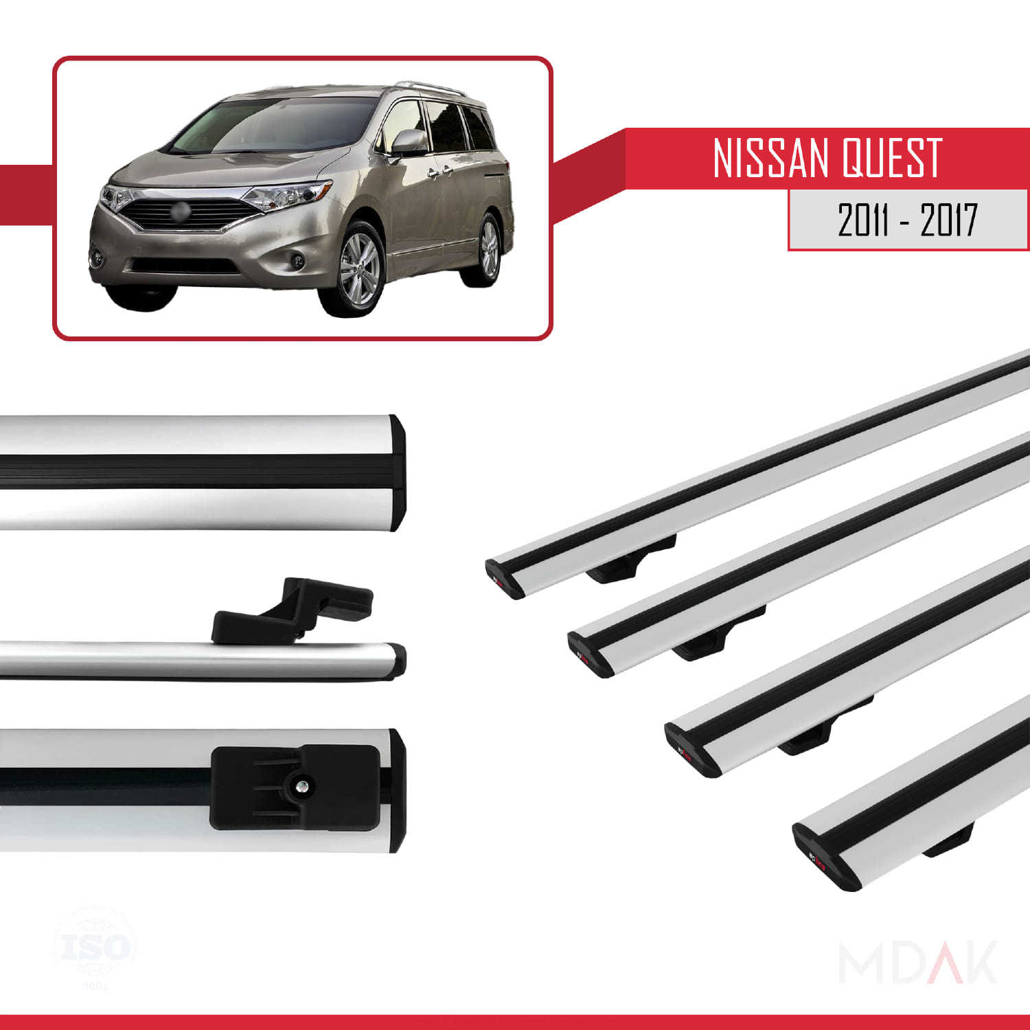Nissan Quest 2011-2017 Arası ile Uyumlu BASIC Model Ara Atkı Tavan Barı Gri 4 Adet - Görsel 3