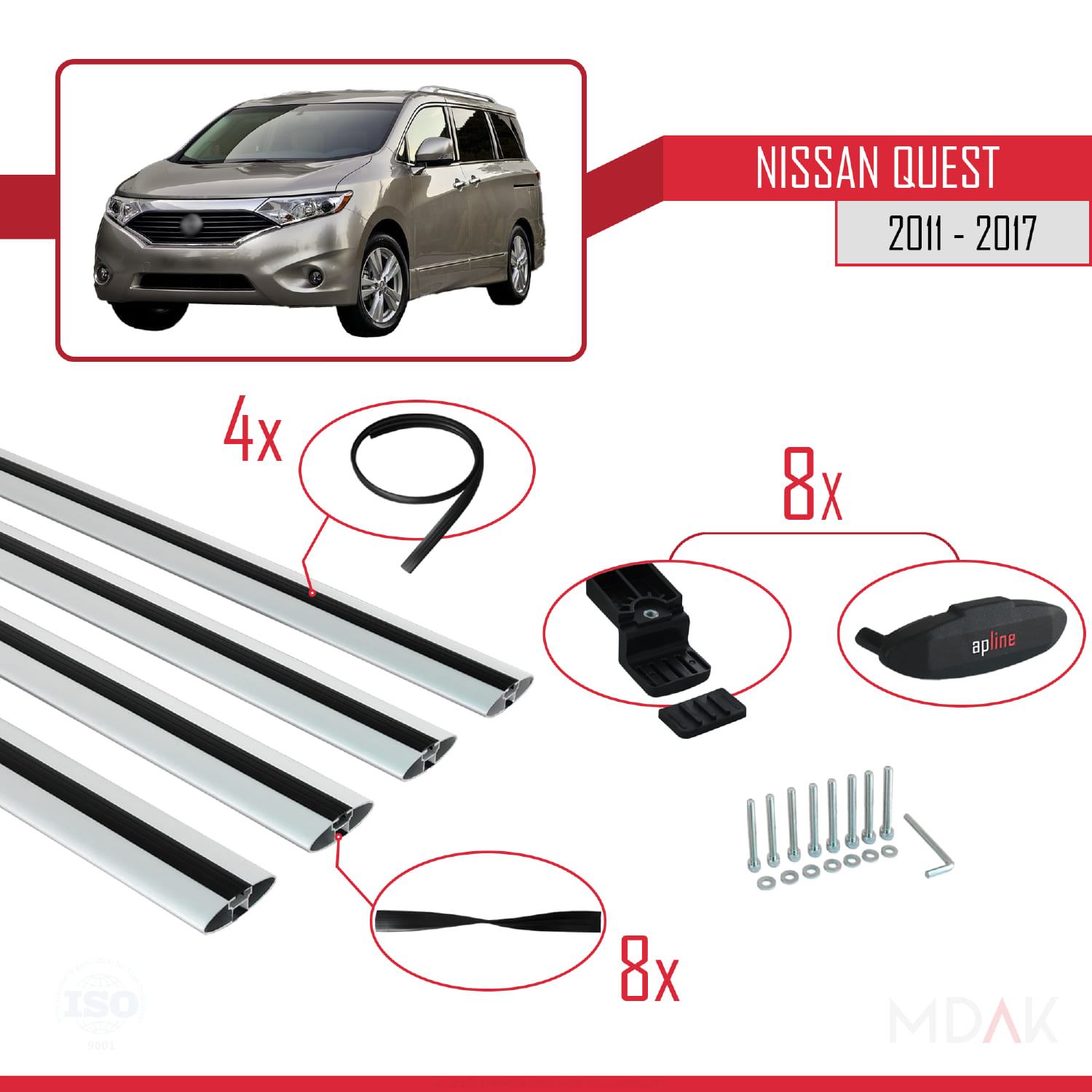 Nissan Quest 2011-2017 Arası ile Uyumlu BASIC Model Ara Atkı Tavan Barı Gri 4 Adet - Görsel 6