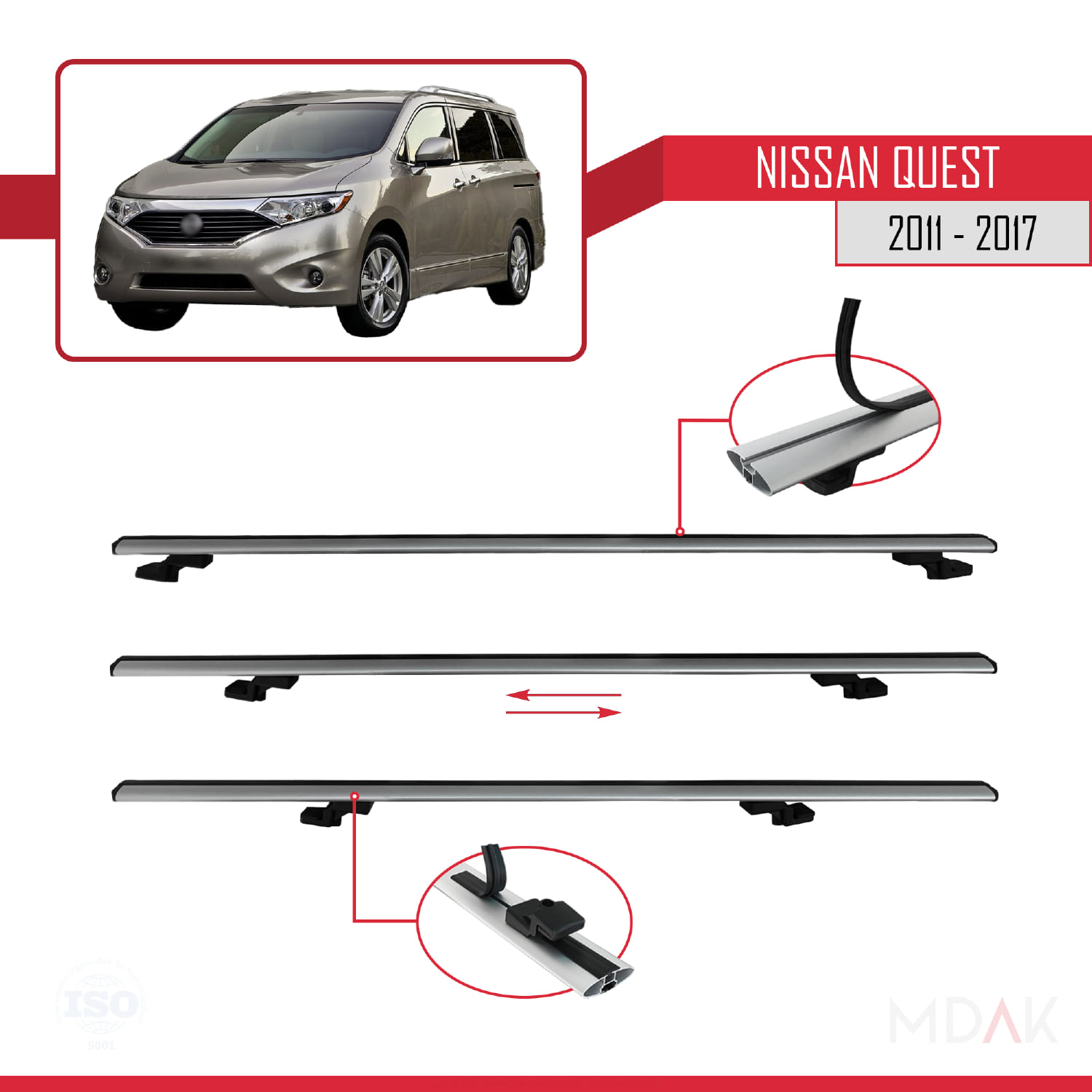 Nissan Quest 2011-2017 Arası ile Uyumlu BASIC Model Ara Atkı Tavan Barı Gri 2 Adet - Görsel 5