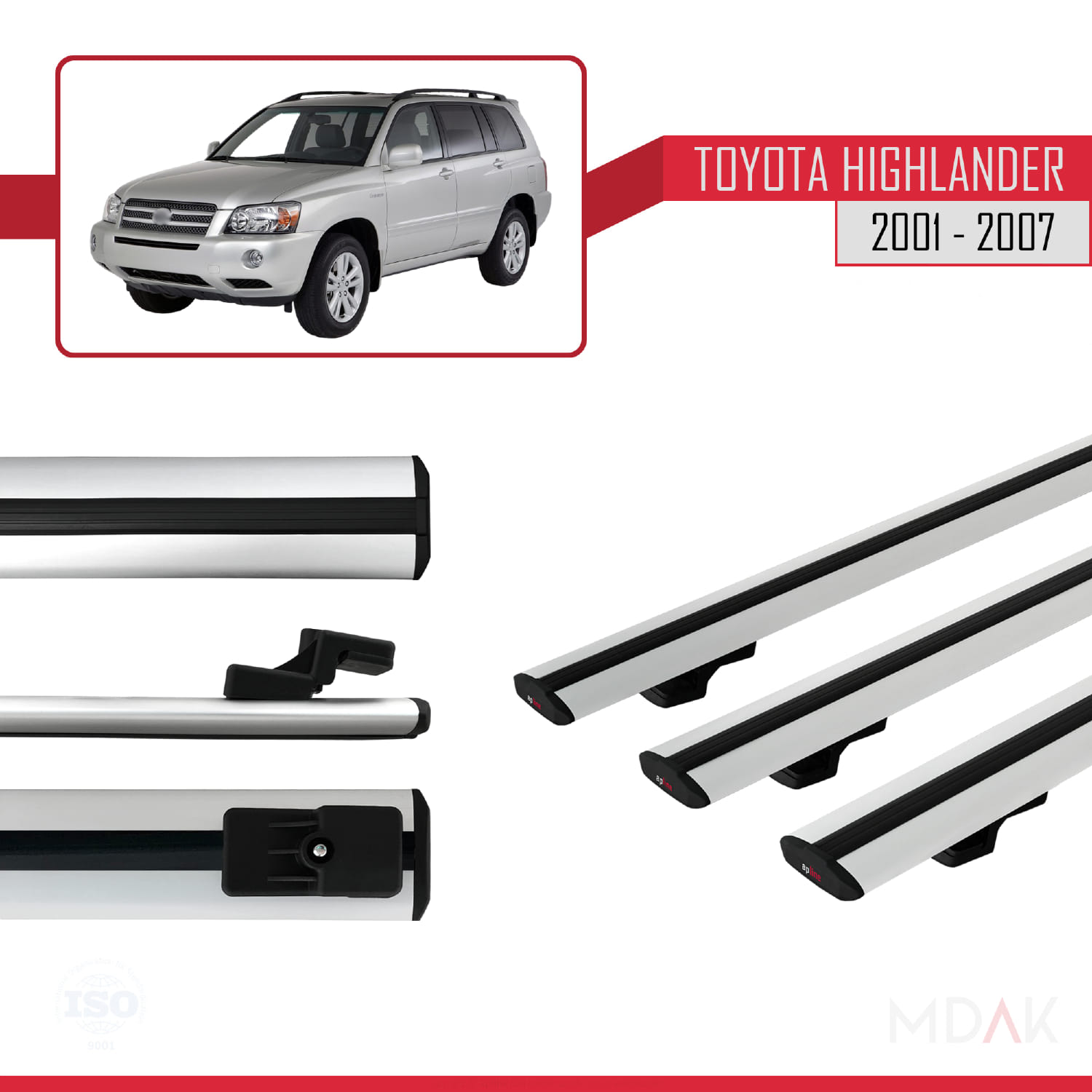 Toyota Highlander 2001-2007 Arası ile Uyumlu BASIC Model Ara Atkı Tavan Barı Gri 3 Adet - Görsel 3