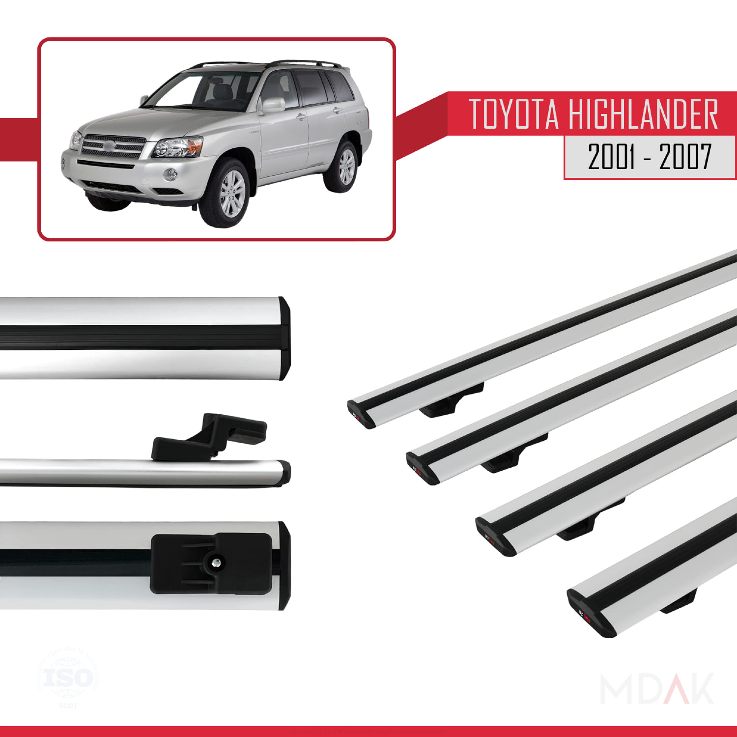Toyota Highlander 2001-2007 Arası ile Uyumlu BASIC Model Ara Atkı Tavan Barı Gri 4 Adet - Görsel 3
