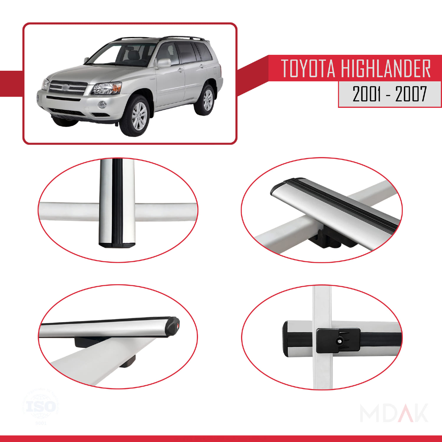 Toyota Highlander 2001-2007 Arası ile Uyumlu BASIC Model Ara Atkı Tavan Barı Gri 4 Adet - Görsel 4