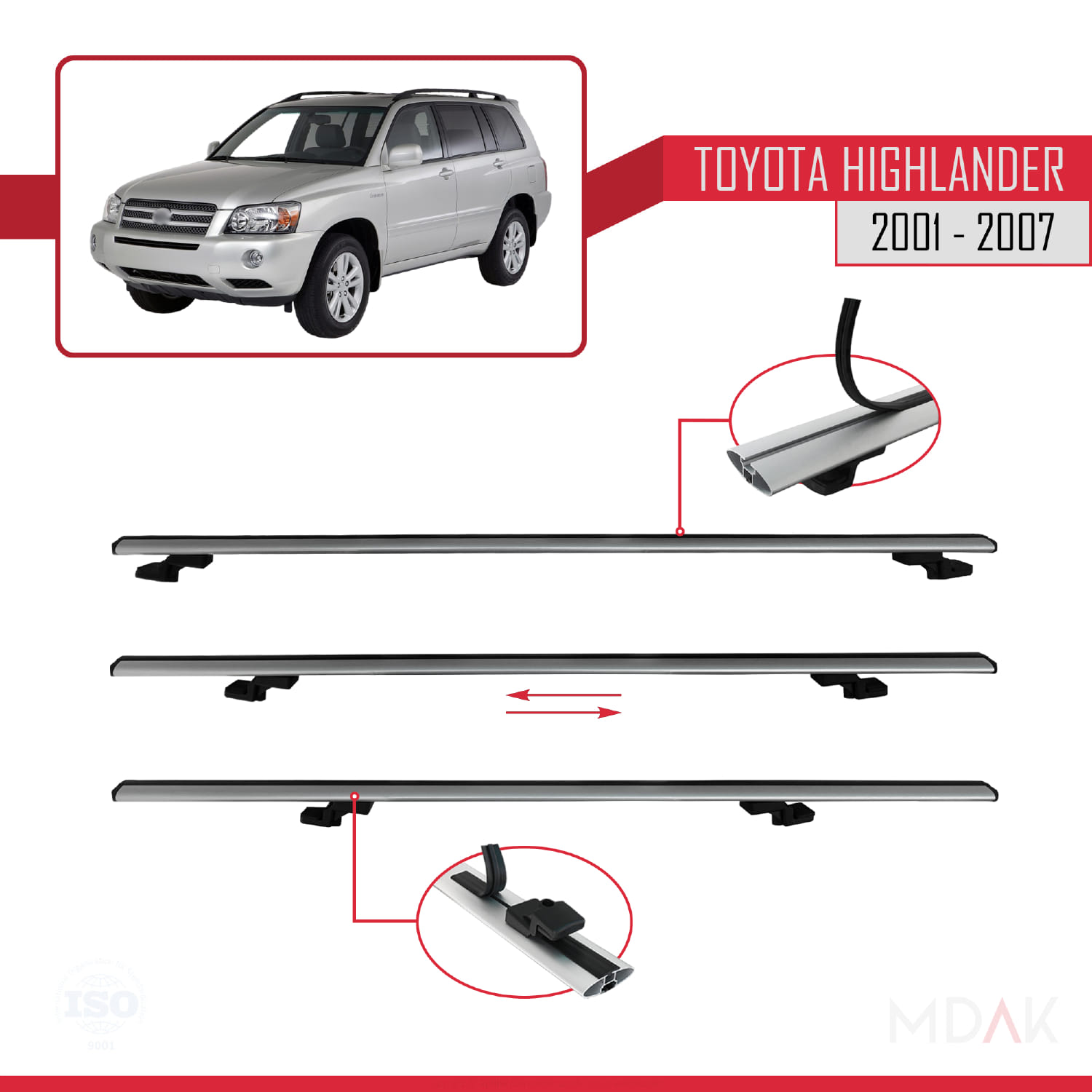 Toyota Highlander 2001-2007 Arası ile Uyumlu BASIC Model Ara Atkı Tavan Barı Gri 4 Adet - Görsel 5