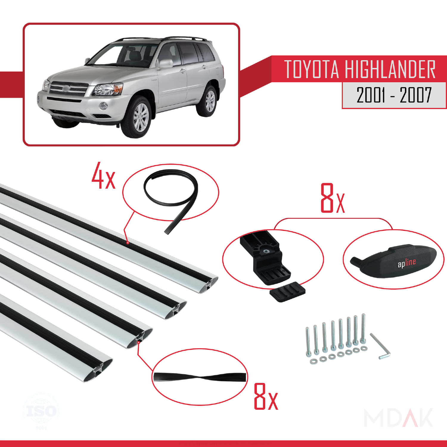 Toyota Highlander 2001-2007 Arası ile Uyumlu BASIC Model Ara Atkı Tavan Barı Gri 4 Adet - Görsel 6