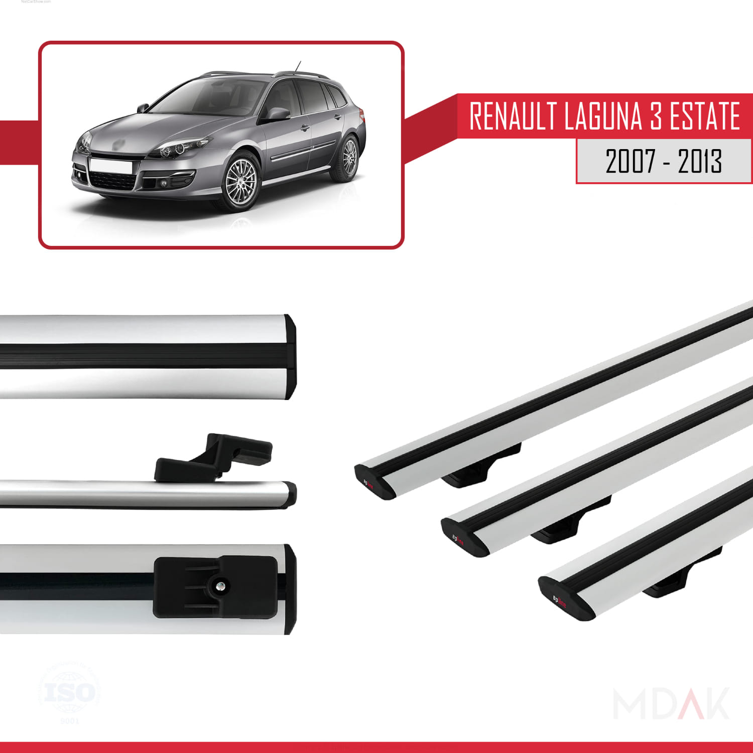 Renault Laguna 3 Estate 2007-2013 Arası ile Uyumlu BASIC Model Ara Atkı Tavan Barı Gri 3 Adet - Görsel 3