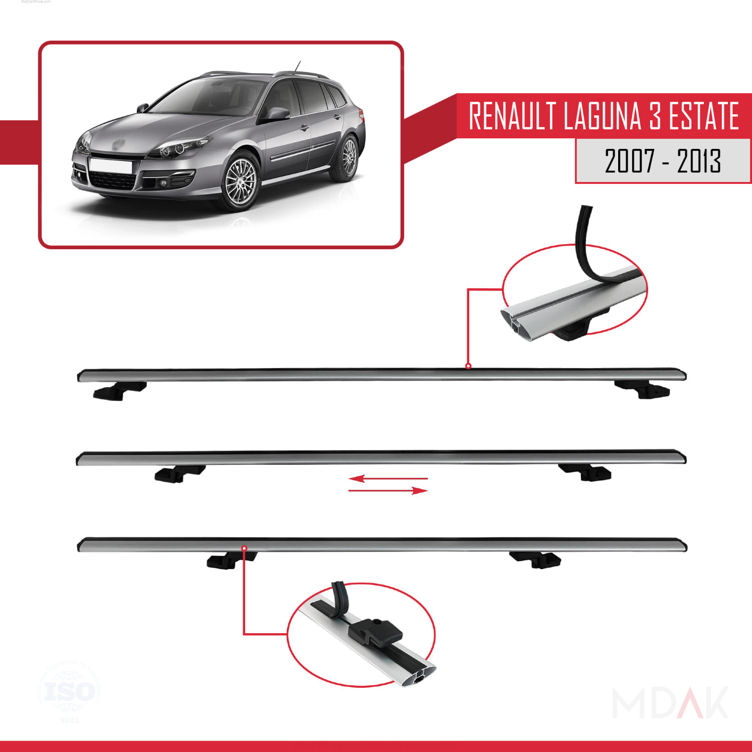 Renault Laguna 3 Estate 2007-2013 Arası ile Uyumlu BASIC Model Ara Atkı Tavan Barı Gri 2 Adet - Görsel 4